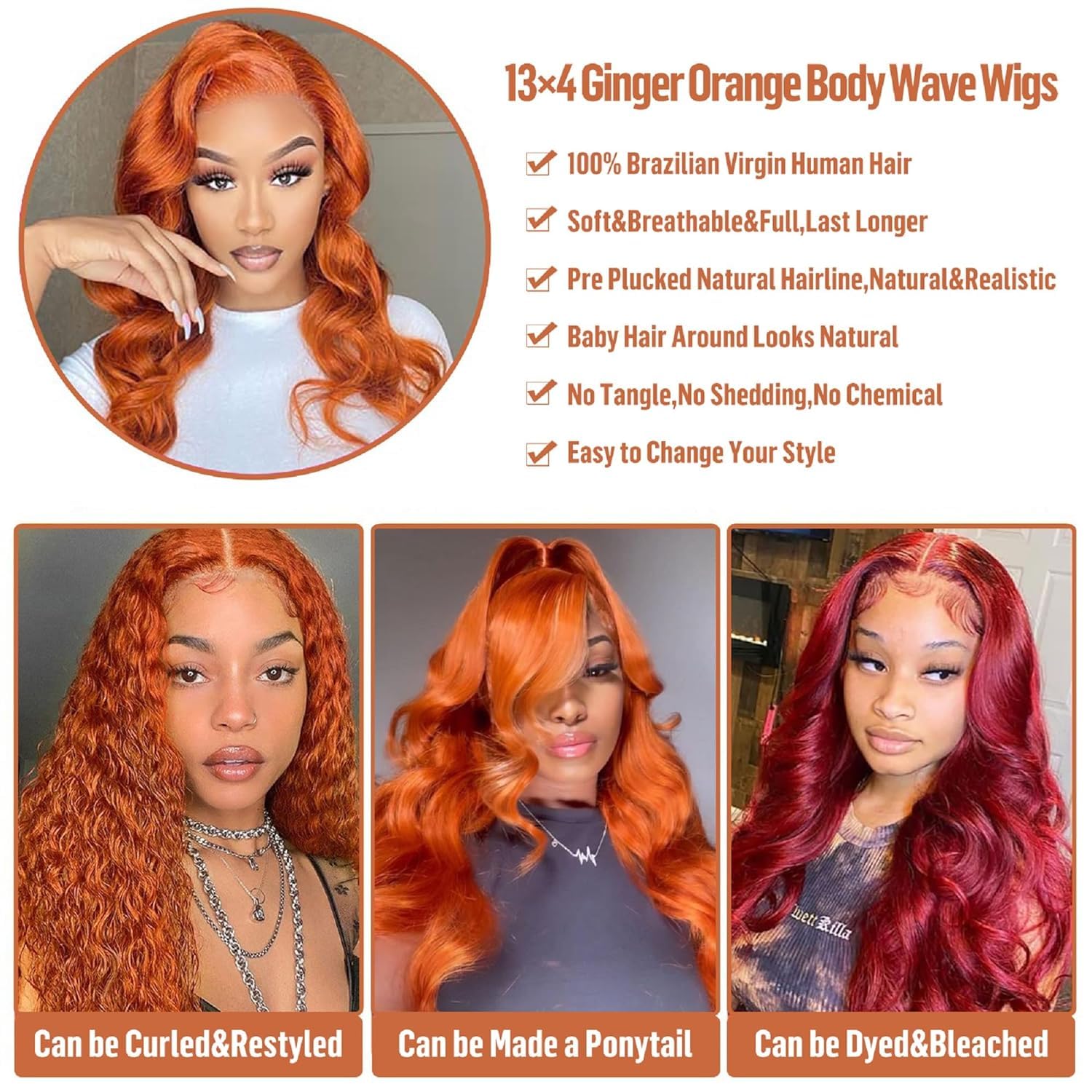 13x4 Ginger Lace Front Wig Human Hair - 28 Inch Pre Plucked Orange Body Wave HD Lace Frontal Wig for Women - 180% Density Glueless Human Hair Wig - Perfect for Cosplay, Daily Wear & Special Occasions