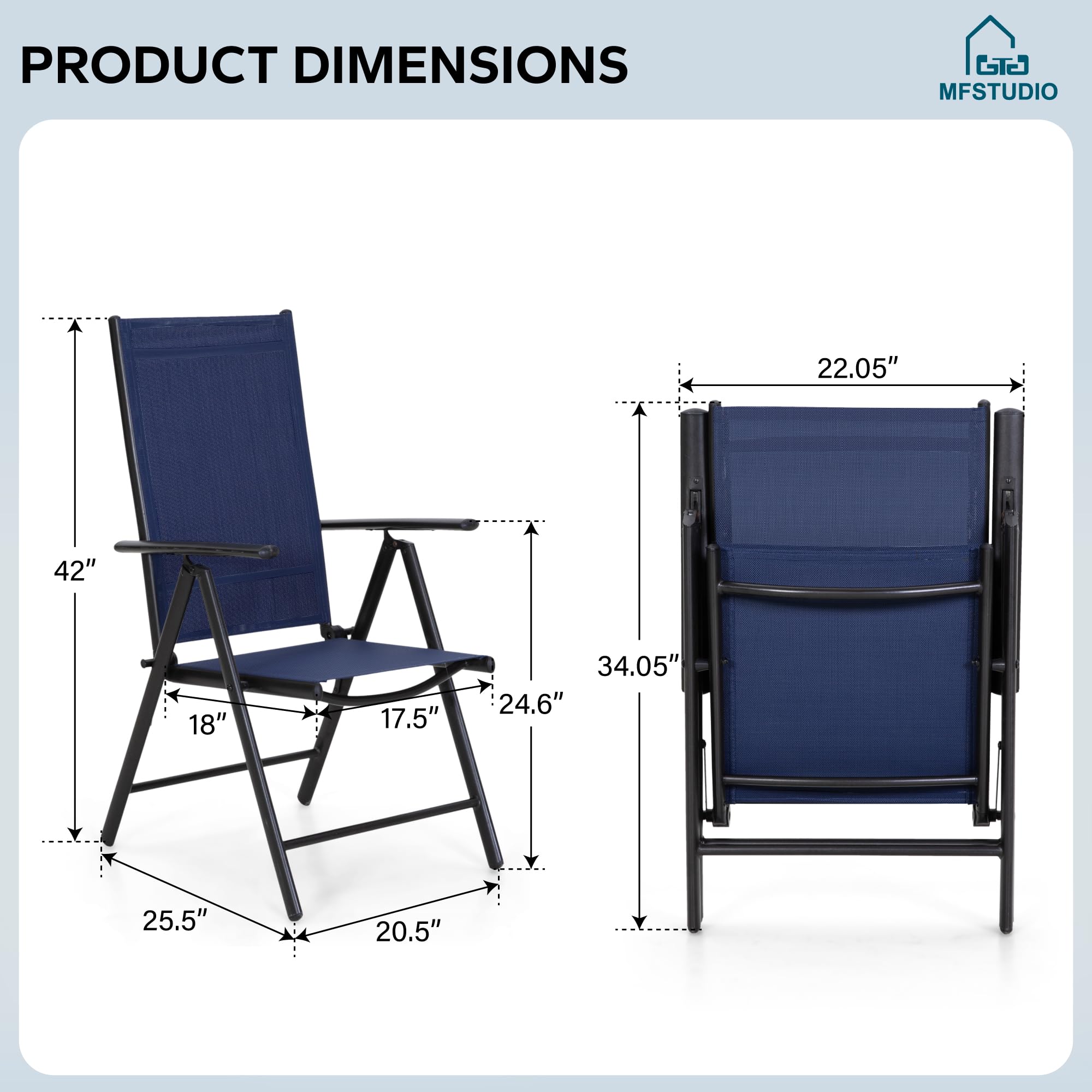 MFSTUDIO 6-Pack Folding Patio Chairs Set - Adjustable Outdoor Dining Chairs with Sling Back, Portable Blue Garden Chairs for Backyard, Lawn, Poolside & Camping (7-Level Height Adjustment) - Perfect for BBQs, Picnics & Outdoor Relaxation