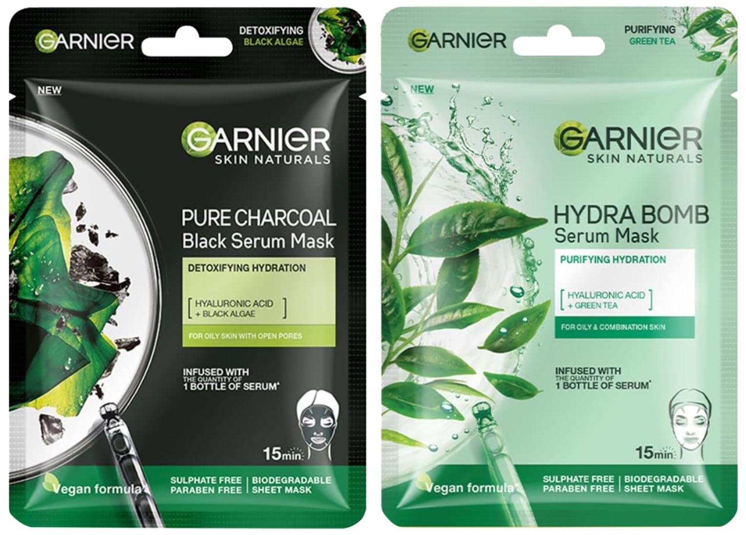Garnier Skin Naturals Charcoal & Green Tea Face Serum Sheet Mask Set - Detoxifying Black Mask (28g) + Antioxidant Green Mask (32g) for Deep Cleansing & Brightening - Perfect for Spa Night & Self-Care Routine