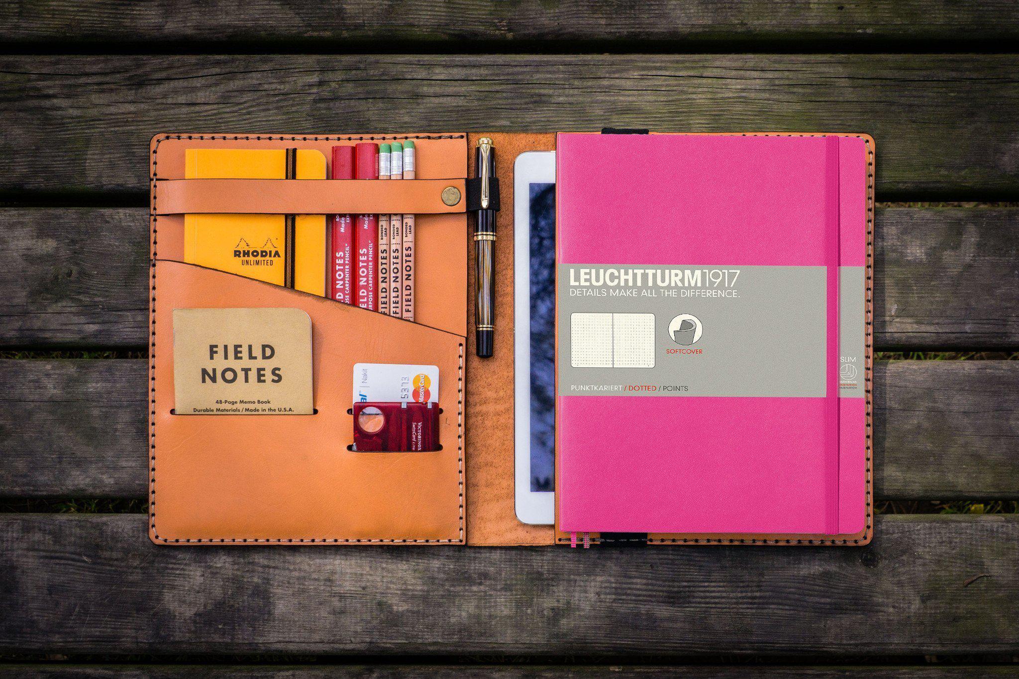 Premium Leather Leuchtturm1917 B5 Notebook Cover with iPad Air/Pro Sleeve - Orange | Stylish Protection for Work, School & Travel Accessories