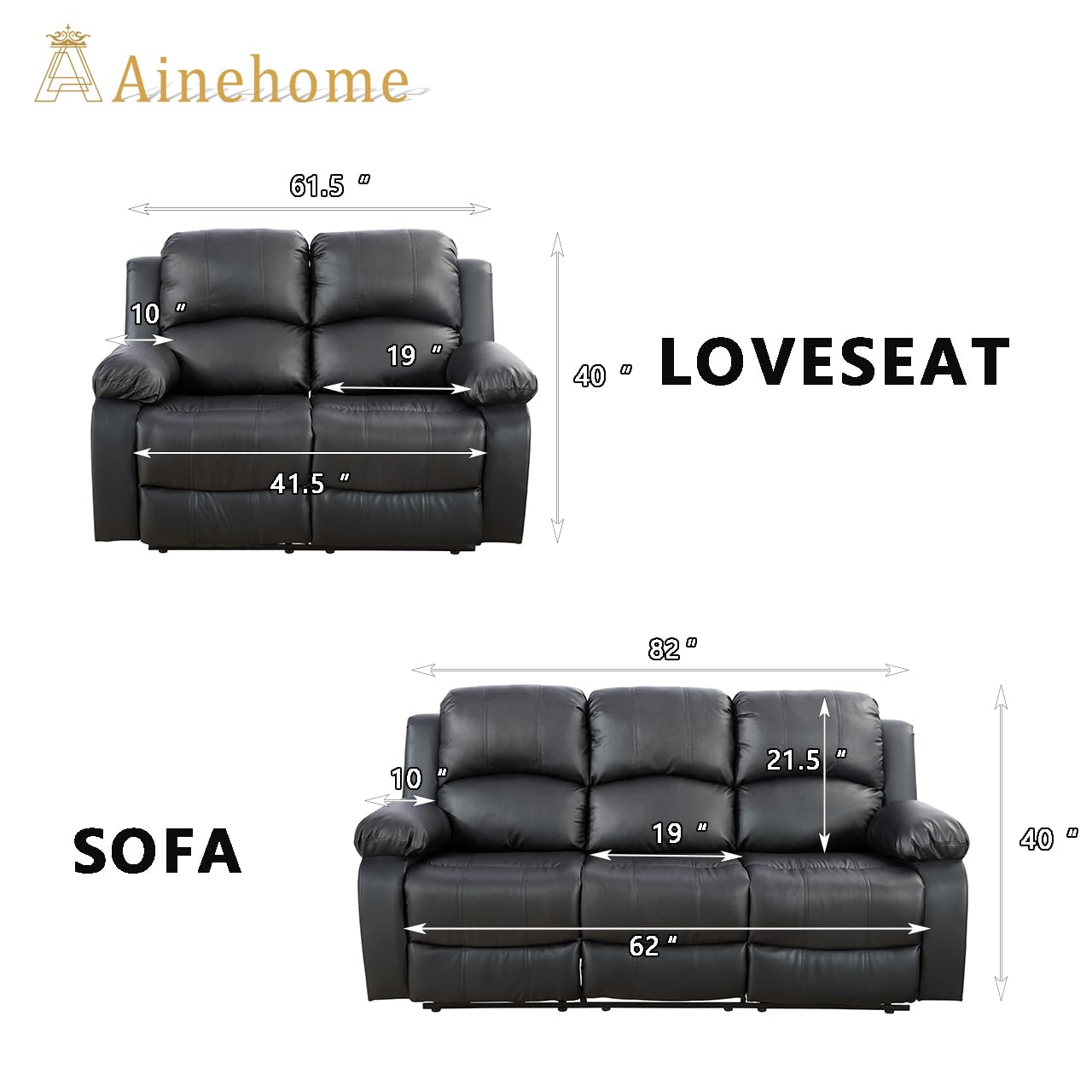 Luxury Recliner Sofa Set - Black Leather Reclining Couch & Loveseat for Living Room | Modern Home Theater Seating | Comfortable Lounge Furniture for Family Room & Entertainment Space