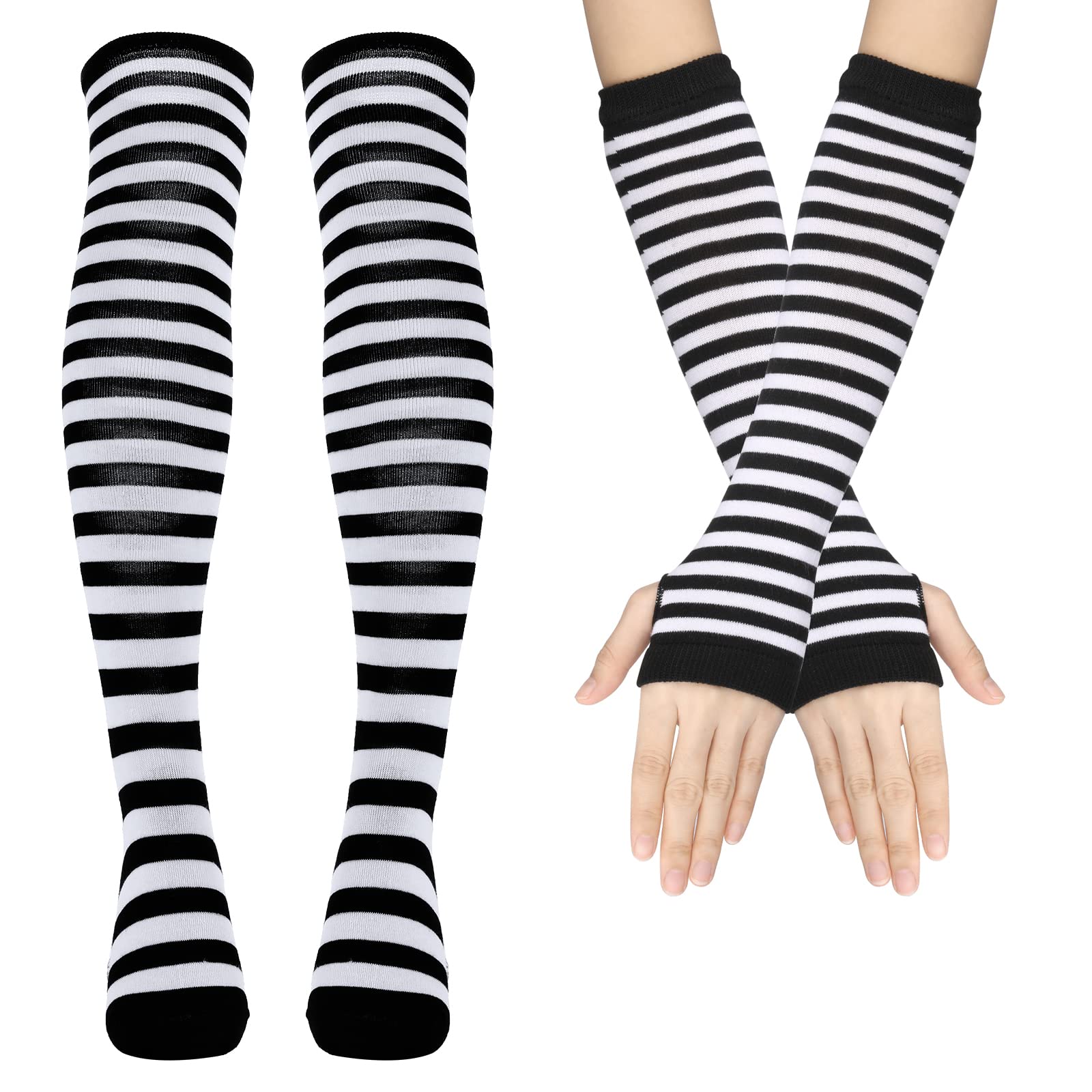 Women's Striped Knee High Socks & Arm Warmers - Soft Over Knee Stockings & Fingerless Gloves Set for Winter Warmth - Perfect for Cold Weather, Yoga, Dance and Outdoor Activities