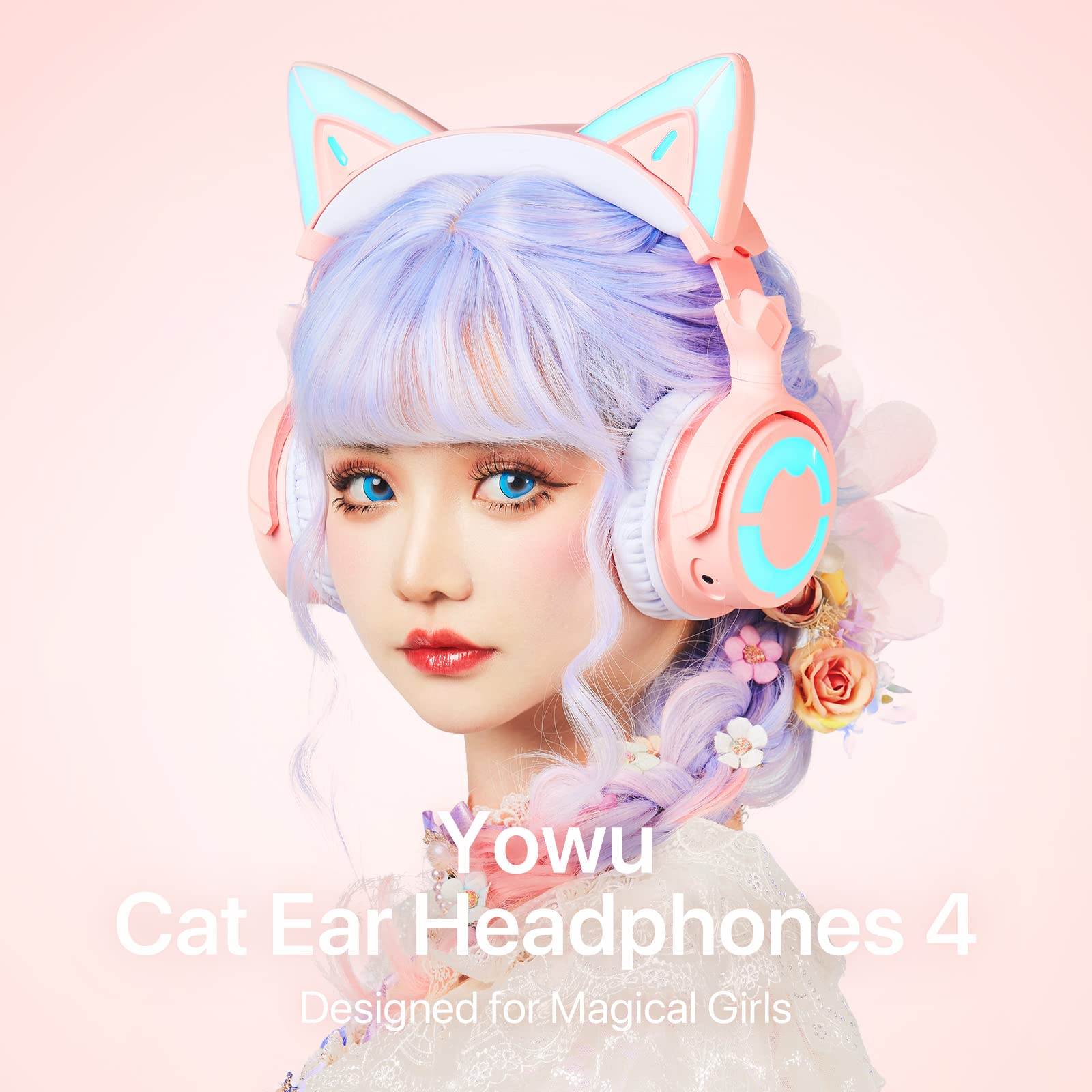 YOWU RGB Cat Ear Headphones 4 - Upgraded Wireless & Wired Gaming Headset with Detachable HD Mic, Active Noise Cancelling, Dual-Channel Stereo & Customizable LED Effects via App (Pink) - Perfect for Gaming, Streaming, Music & Cosplay