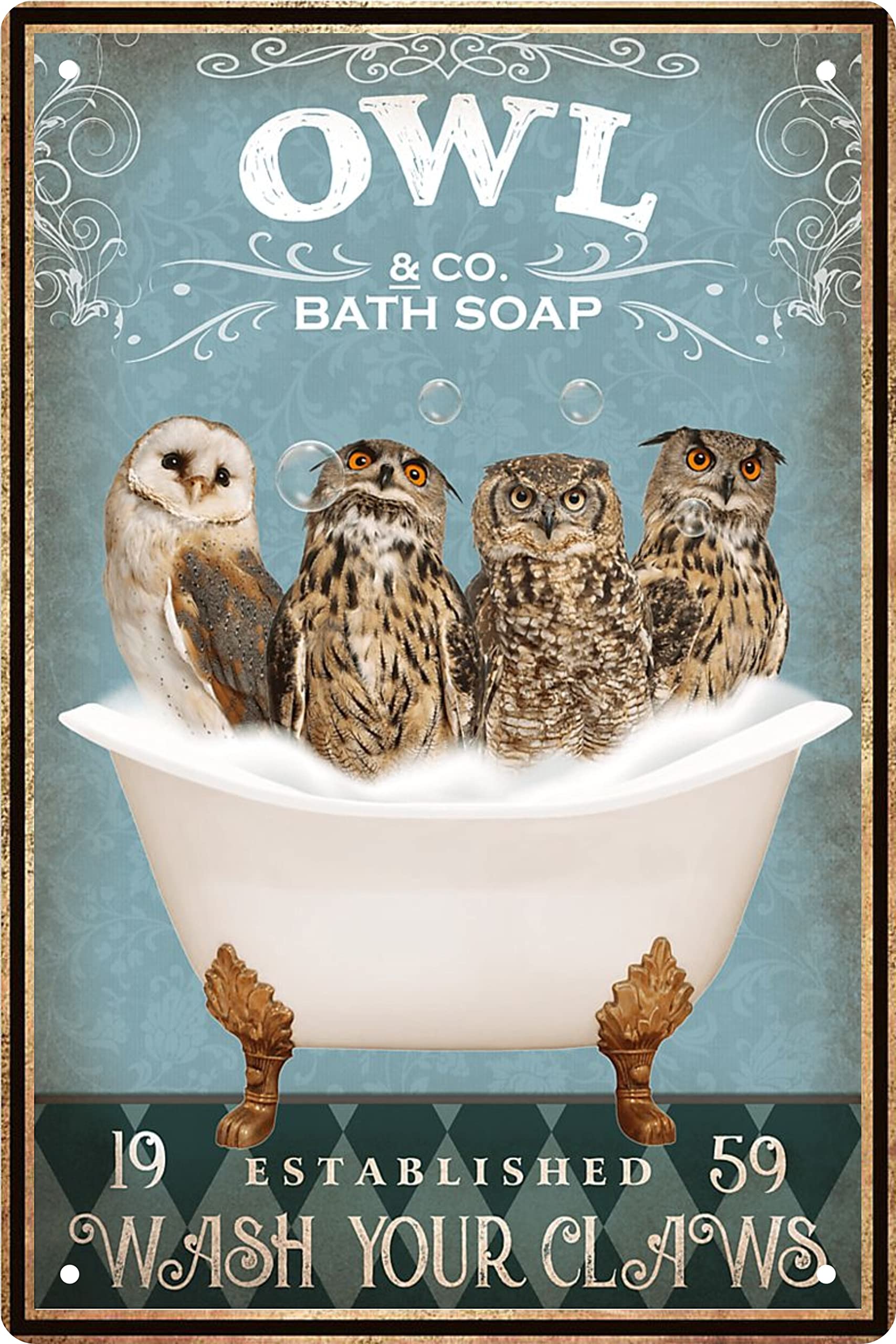 Vintage Owl Metal Tin Sign - Funny Retro Wall Art Decor for Bathroom, Bathtub, Farmhouse, Man Cave & Bar - Perfect Gift for Pet Lovers & Owl Enthusiasts - 8x12 Inch - Ideal for Home, Office, or Cafe Decor