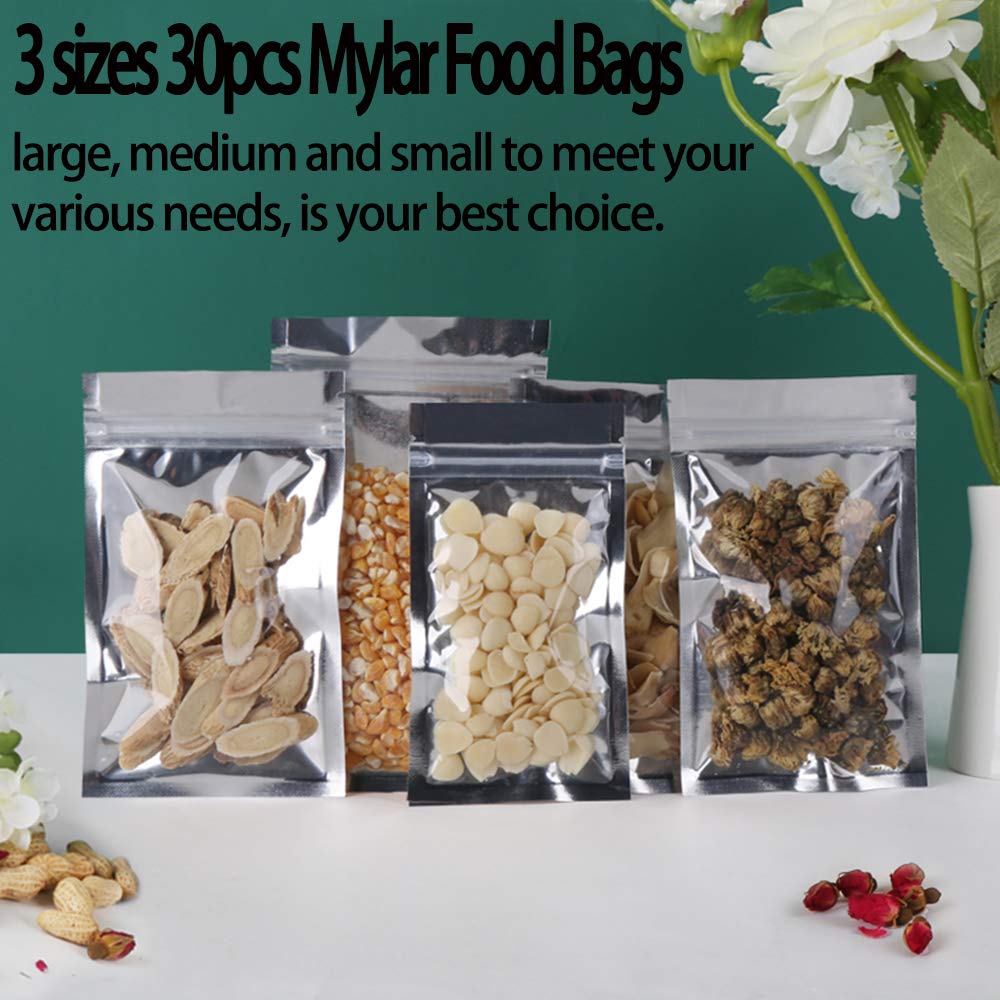 Premium Mylar Ziplock Bags - Airtight Smell Proof Foil Pouch with Resealable Zipper | Heat Sealable Food Storage Bags for Candy, Coffee, Tea, Snacks & Dry Goods | 30-Pack Mixed Sizes (Small/Medium/Large) | Ideal for Home Kitchen, Camping & Commercial Food Packaging