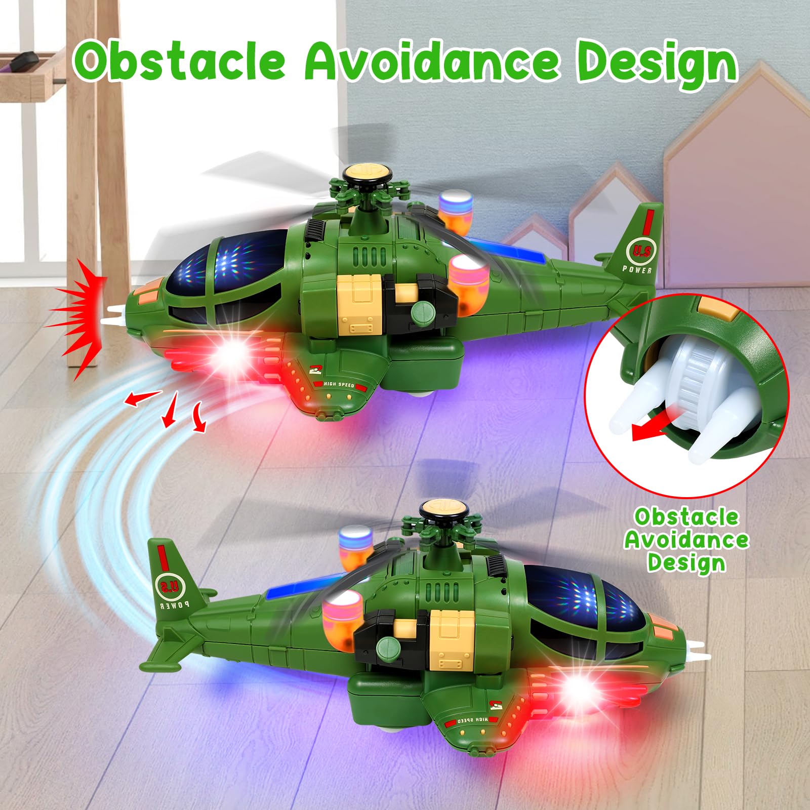 **Best Helicopter Toy for Toddlers 1-5 Years - LED Lights & Fun Sounds, 360° Rotation, Auto Bump Feature - Autism Sensory Toy for Boys & Girls - Perfect Birthday Gift for Kids (Green) - Indoor & Outdoor Play**