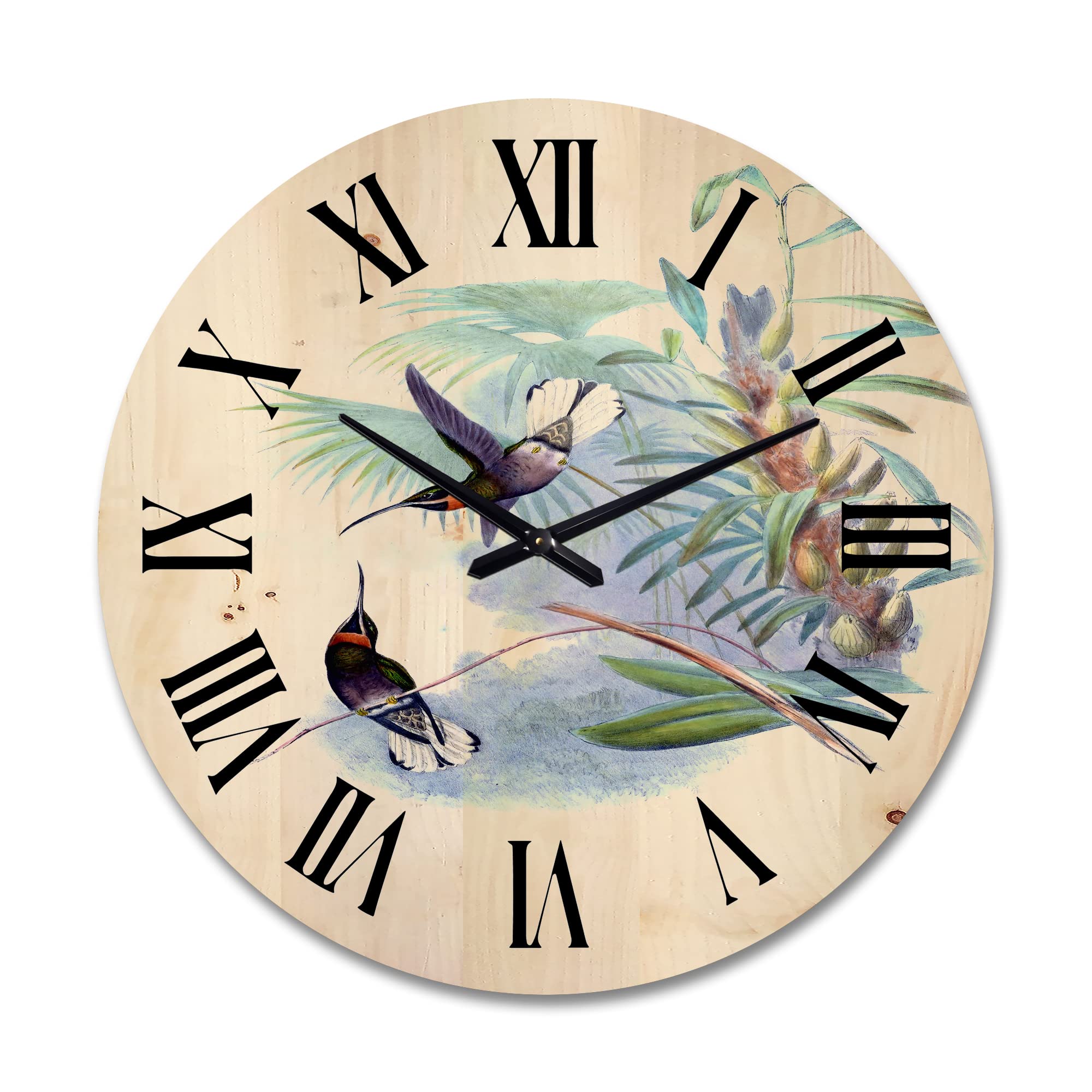 DesignQ 'Ancient Hummingbird On A Branch' Large Wooden Wall Clock - Traditional Oversized Decorative Animal Wall Clock for Living Room, Bedroom & Office Décor - Perfect for Home, Farmhouse & Rustic Interior Design