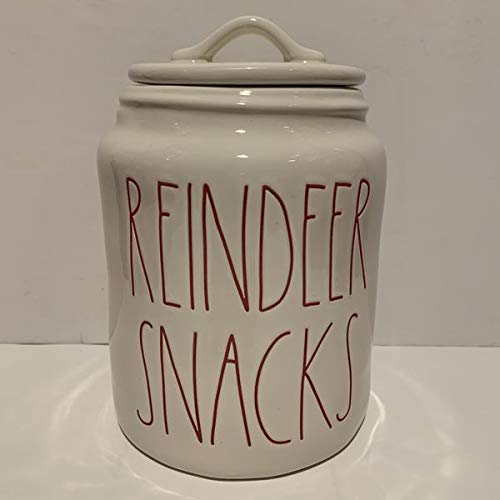 Rae Dunn Reindeer Snacks Canister - Ceramic Christmas Cookie Jar with Red Writing - Perfect for Holiday Treats & Festive Kitchen Decor