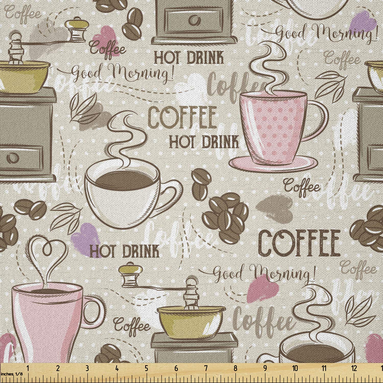Lunarable Coffee Fabric by The Yard - Colorful Coffee Theme Print with Grinder, Cups & Beans - Microfiber Arts & Crafts Textile for DIY Decor (1 Yard, Multicolor) - Perfect for Quilting, Upholstery & Home Decor Projects