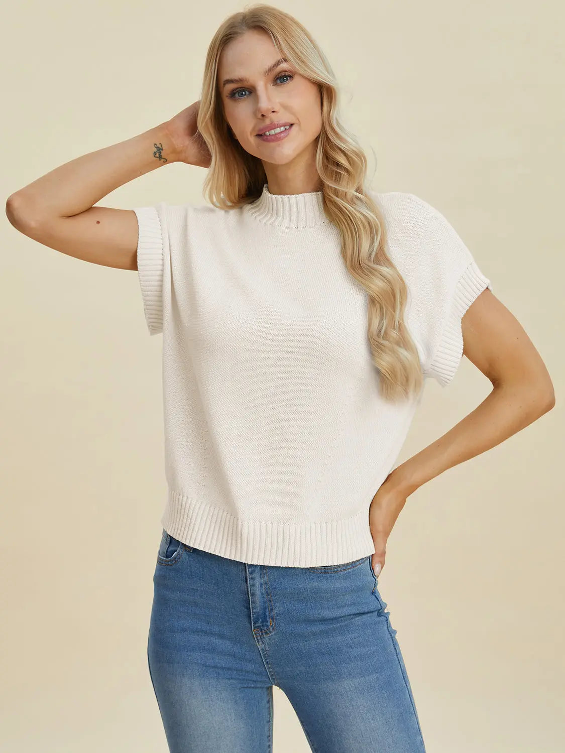 Double Take Full Size Mock Neck Short Sleeve Sweater for Women - Soft Knit Pullover Top for Casual Wear & Office Outfits | Perfect for Fall & Winter Layering