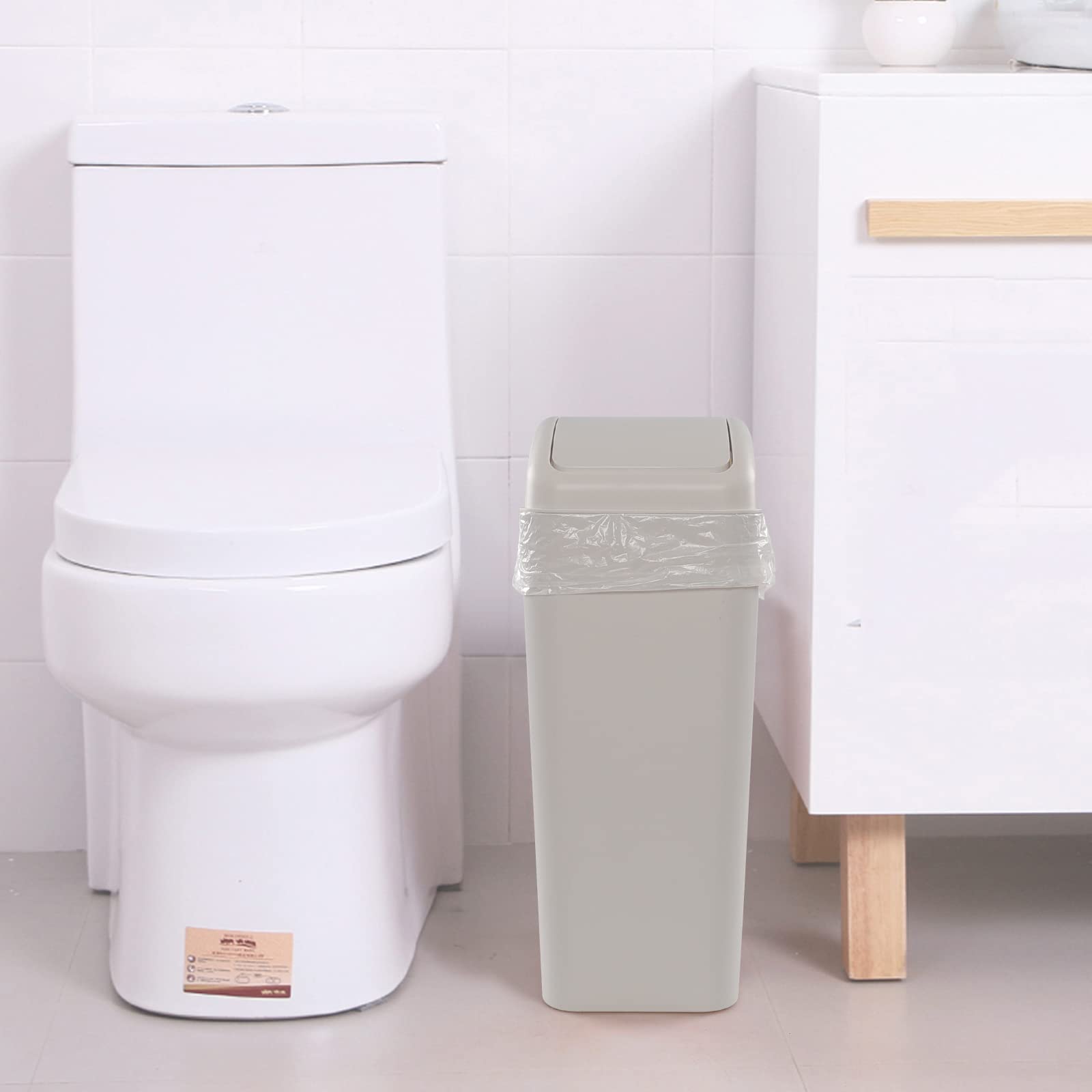 Saedy 14L Swing Lid Trash Can - Slim Plastic Garbage Bin with Foot Pedal, Grey - Perfect for Kitchen, Bathroom, Office & Small Spaces