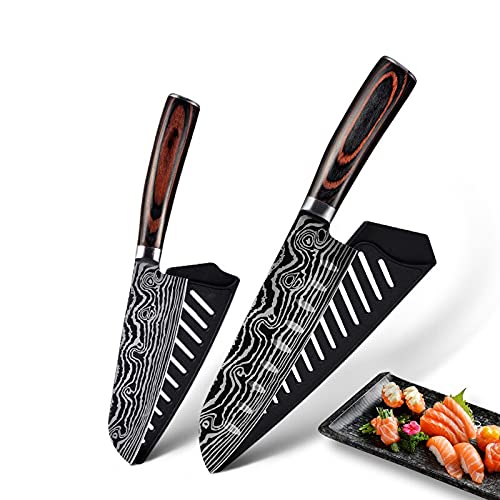 Premium Damascus Steel Knife Set - 2-Piece Professional Chef Knives with Laser Etched Pattern, 5Cr15MoV Stainless Steel Blade - Perfect for Home Cooking, Meat Cutting & Kitchen Gift