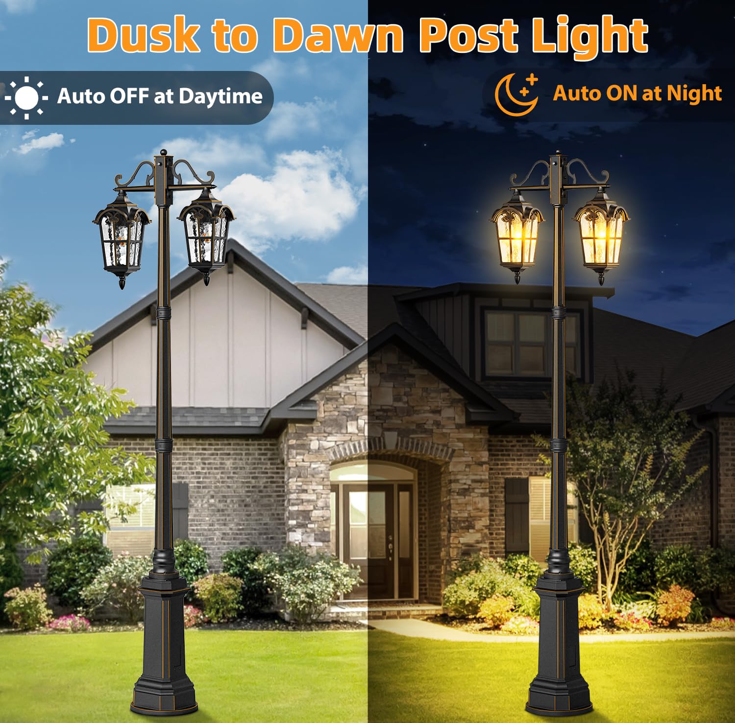 Outdoor Lamp Post Lights with GFCI Outlet - Dusk to Dawn Double Head Street Light Fixture - Black Aluminum Exterior Pole Lights - Waterproof Outdoor Lighting for Garden, Patio, Pathway, Driveway - Perfect for Landscape, Backyard, and Security Lighting