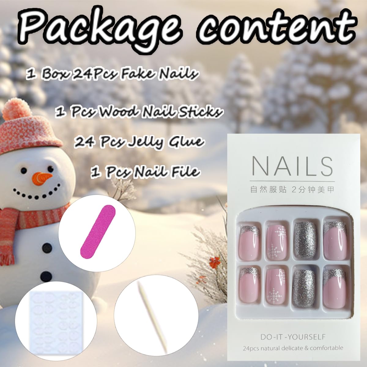 24Pcs Christmas Press-on Nails Short Square Snowflake Fake Nails with Glitter French Tips - Full Cover Acrylic Stick on Nails Winter Snowflake Design for Women & Girls - Perfect for Holiday Parties, Gift Giving & Festive Nail Art