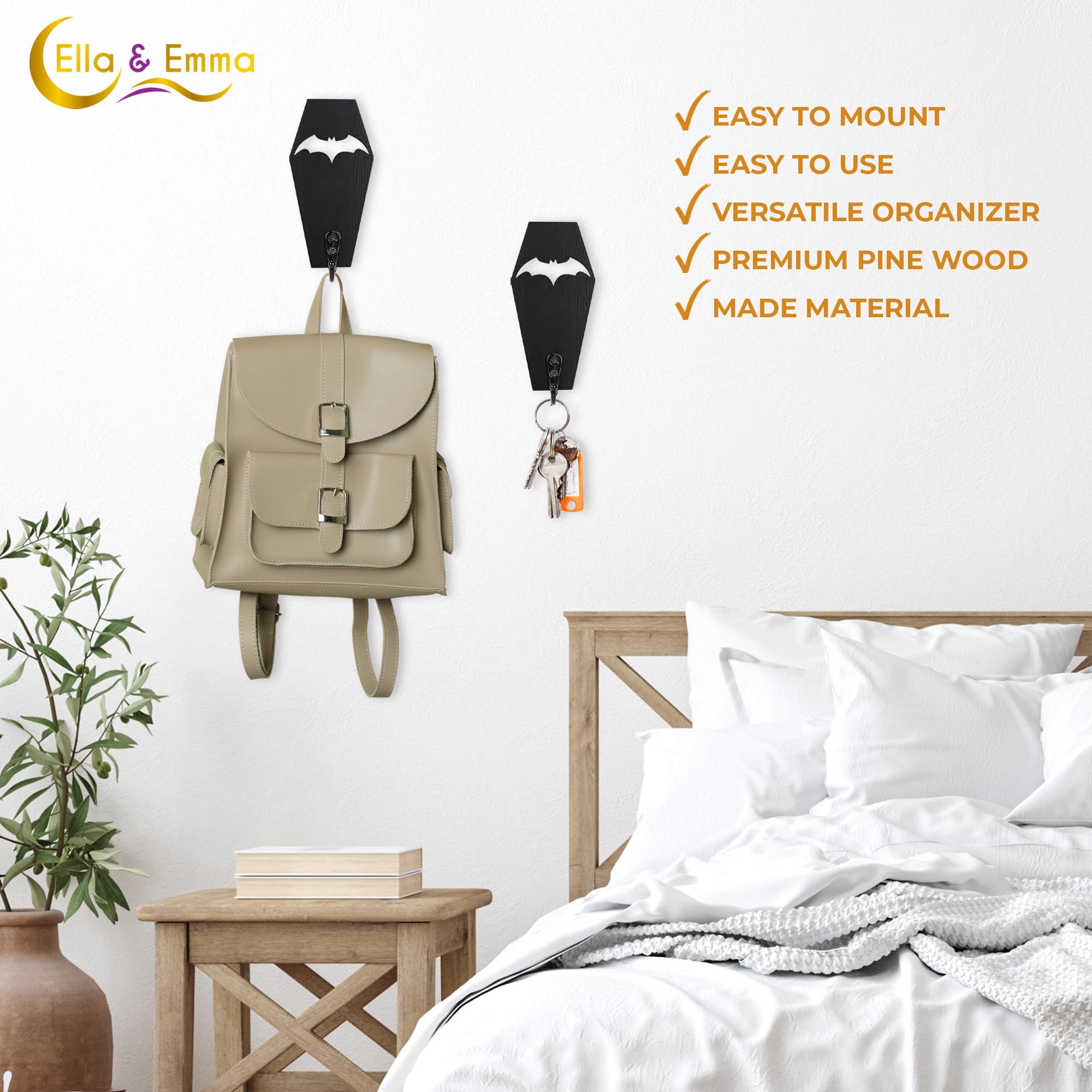Ella & Emma Gothic Wall Mounted Coffin-Shaped Key Holder with Hook - Spooky Halloween Home Decor (2-Piece Set: Coffin & Bat) - Perfect for Entryway, Bedroom, or Halloween Party Decoration