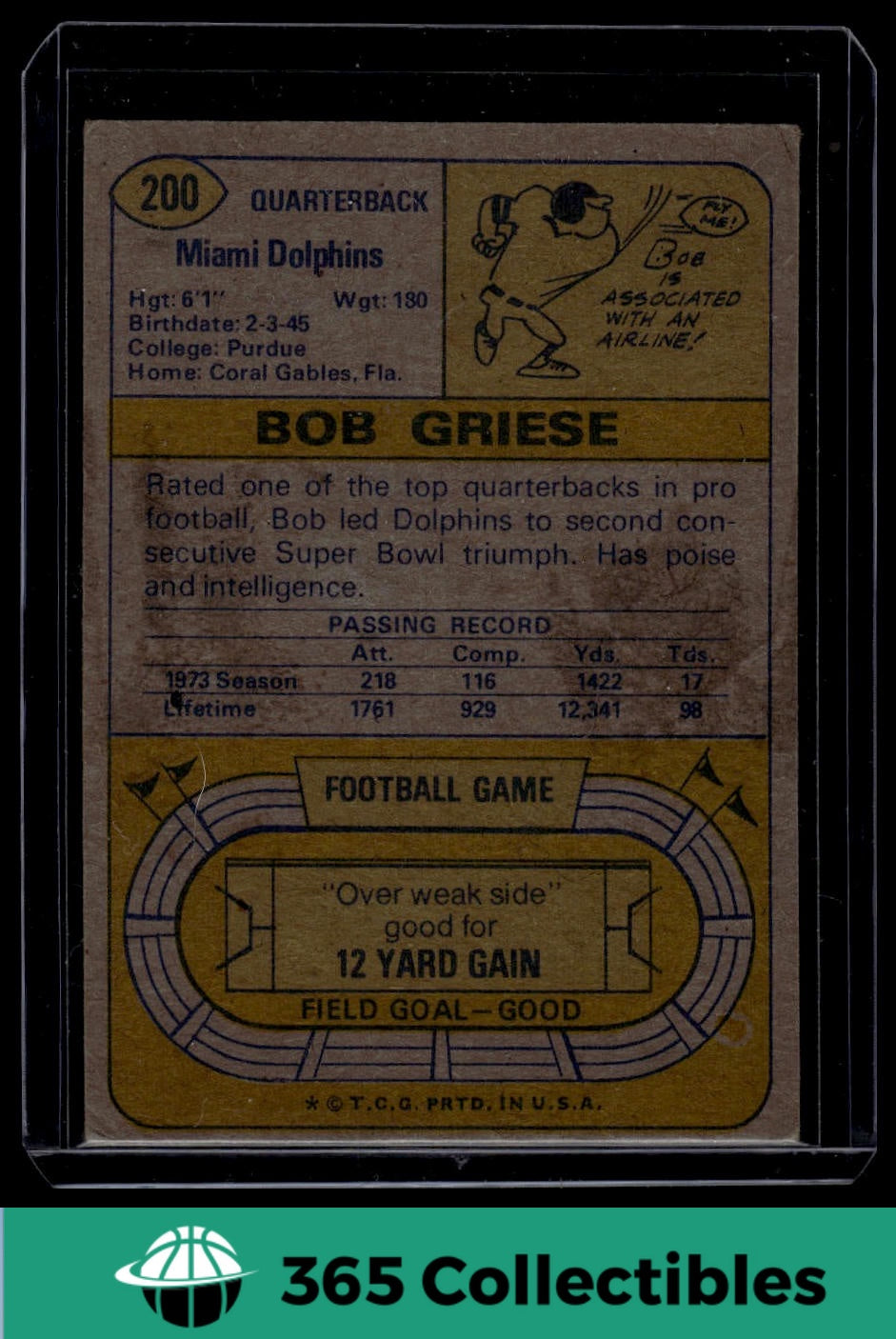 1974 Topps Bob Griese #200 Miami Dolphins Football Card - Vintage NFL Collectible for Sports Memorabilia Fans & Card Collectors - Perfect for Display, Trading, and Investment