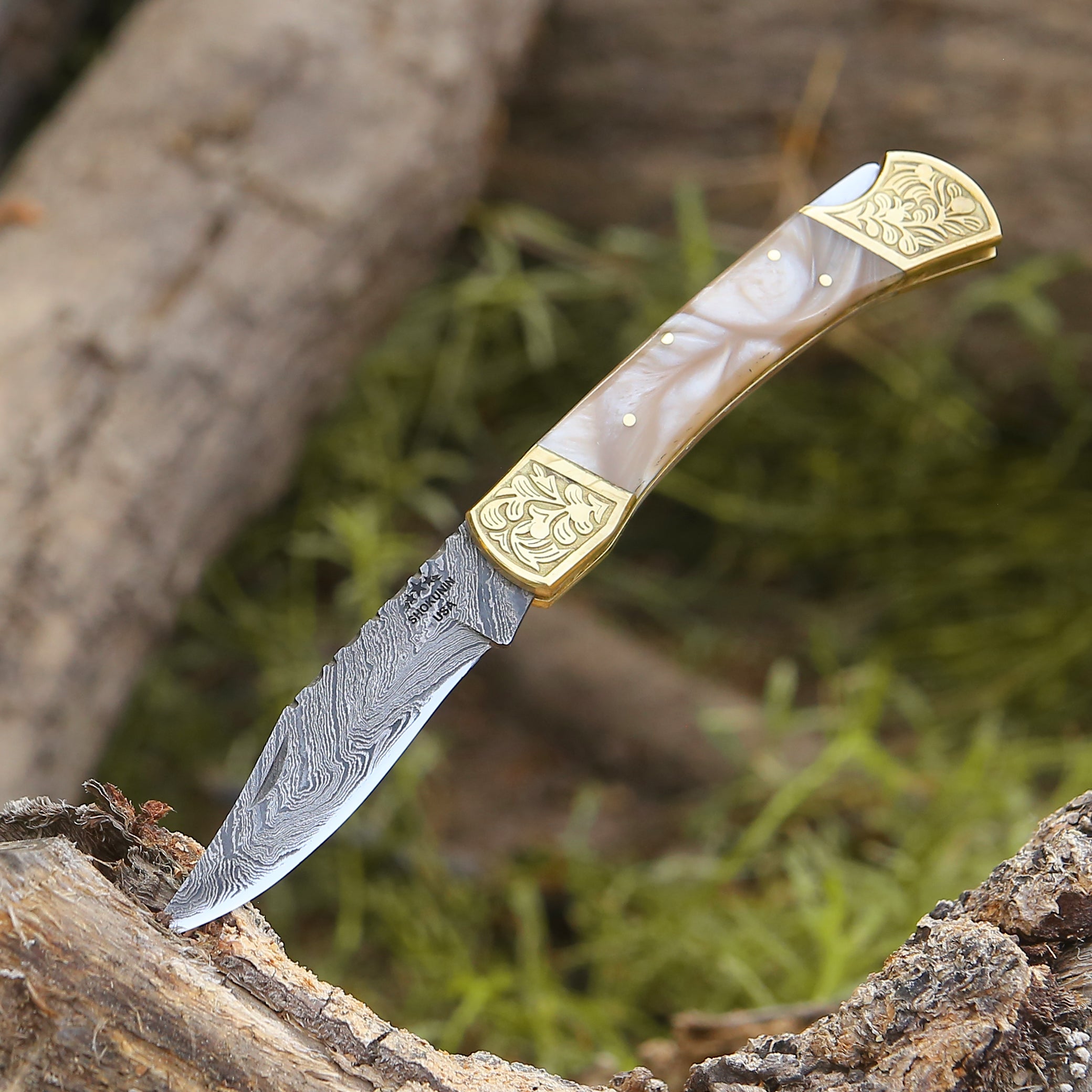 Premium Handmade Damascus Steel Pocket Knife - Thunderblade Folding Knife with Genuine Leather Sheath & Mother of Pearl Resin Handle - Perfect for Camping, Hunting, Outdoor Adventures & Everyday Carry (EDC)