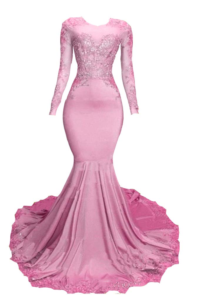 Elegant Pink Satin Mermaid Prom Dress with Lace Applique - Women's Long Sleeve Formal Evening Gown for Homecoming, Wedding Guest, and Special Occasions