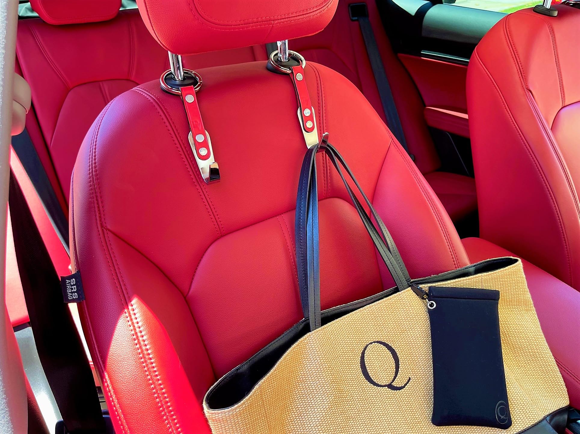 Premium 2-Pack Leather Car Headrest Hooks with Stainless Steel - Universal Vehicle Seat Organizer for Handbags, Purses & Accessories - Perfect for Road Trips, Shopping & Daily Commute (Pink)