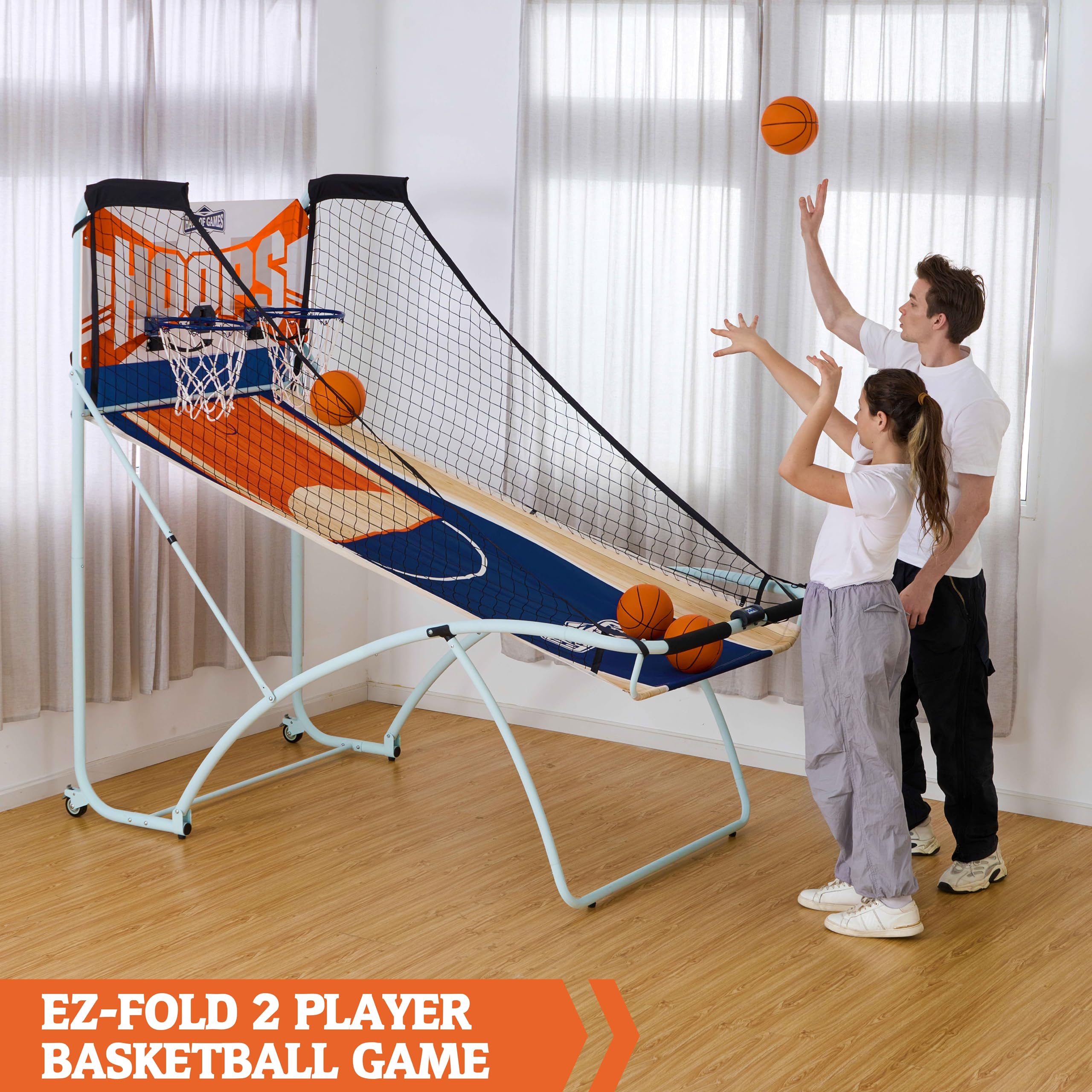 Hall of Games Indoor Arcade Basketball Set - 2 Player Electronic Scoring System with Rubber Basketballs - Perfect for Family Game Rooms, Basement Fun & Kids Birthday Parties