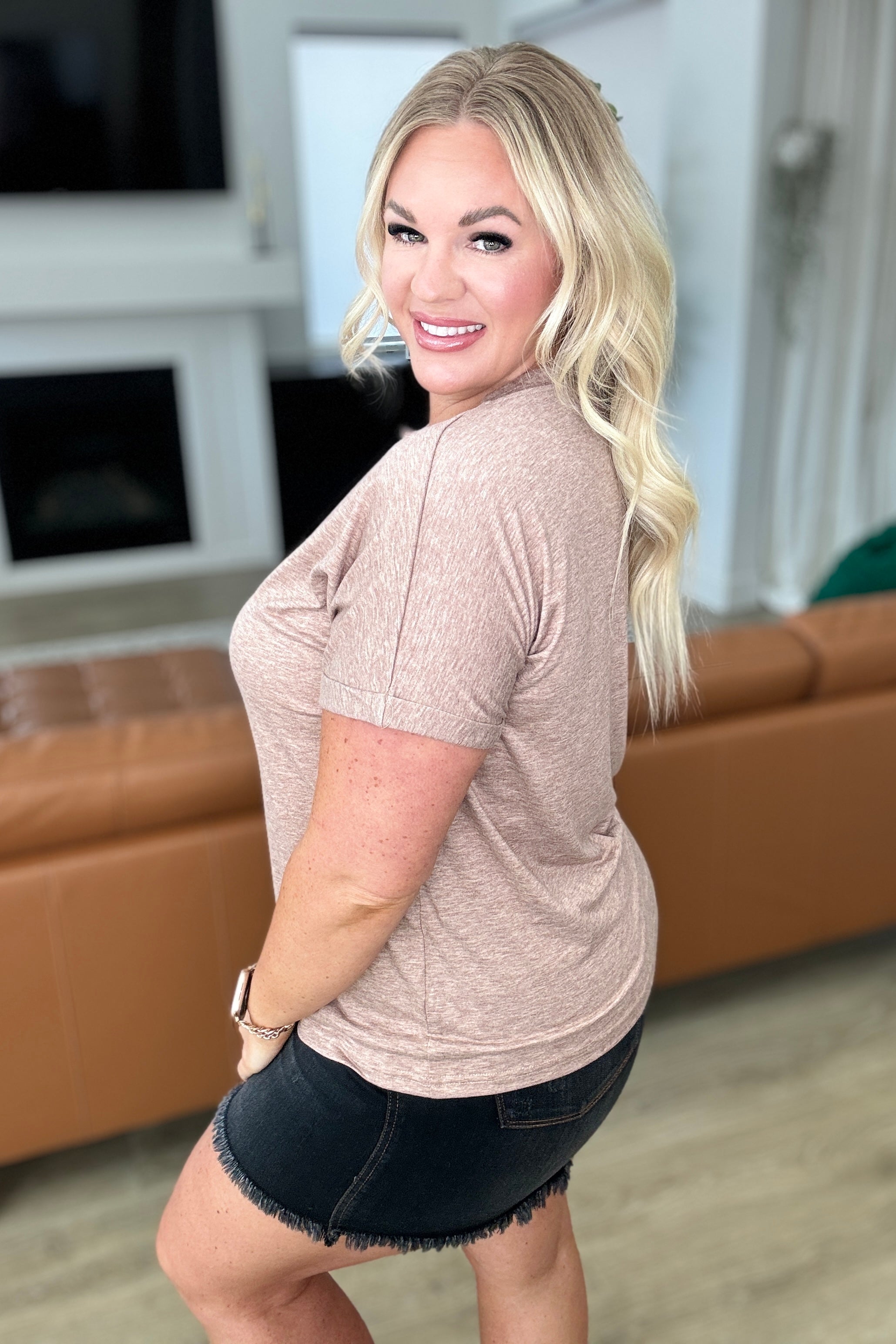 Almost There V Neck Henley Top In Taupe | Women's Casual Stretch Knit Shirt | Perfect for Everyday Wear, Date Nights & Layering