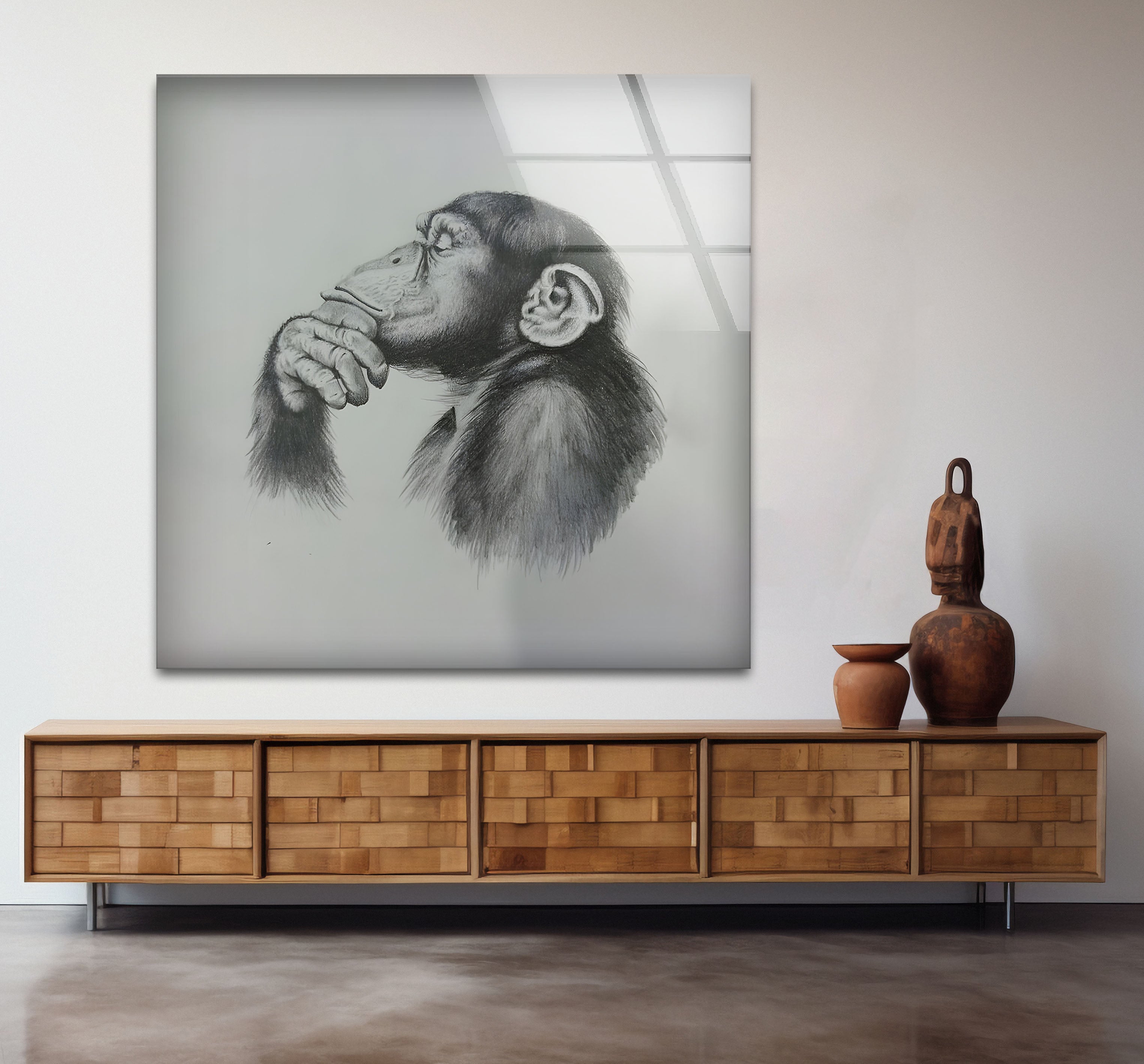 Black and White Monkey Drawing Glass Wall Art - Elegant Home Decor for Living Room, Bedroom, or Office
