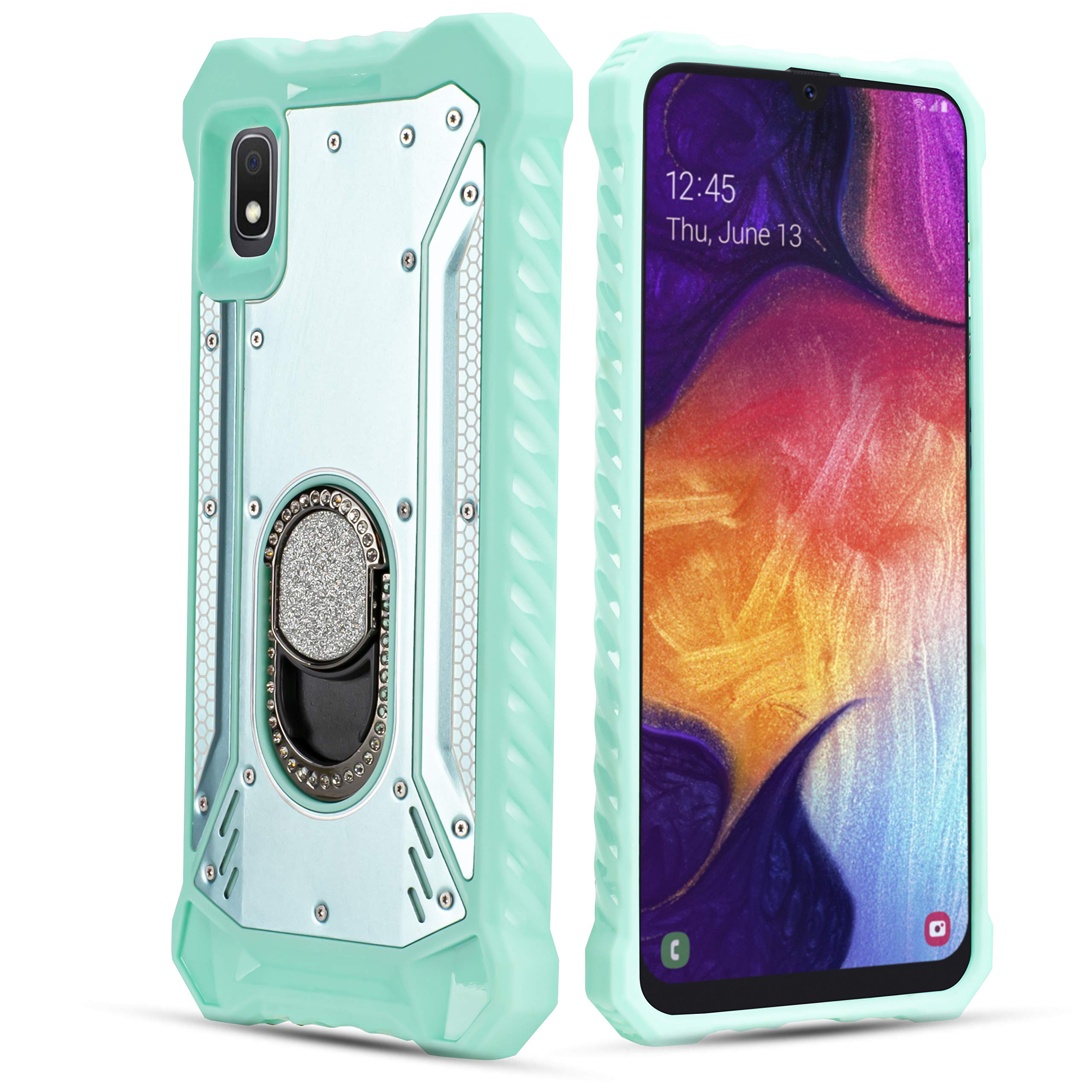 Samsung Galaxy A10E Case - Diamond Studded Fashion Ring Holder Stand, Aluminum Hybrid Heavy Duty Shockproof TPU Cover for Women (Teal) | Perfect for Daily Use, Travel & Gift Giving