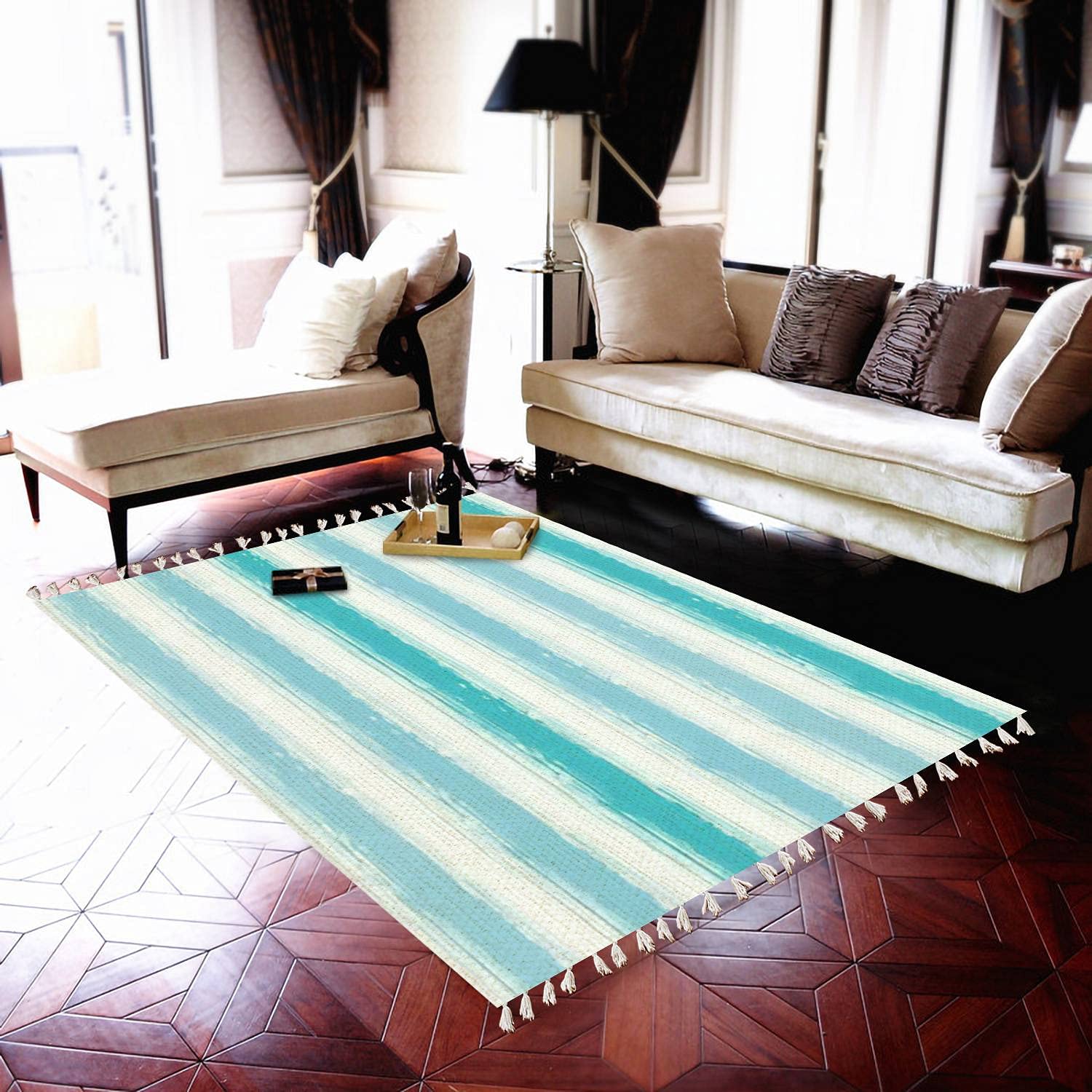 Boho Rug with Vibrant Watercolor Brush Stripes - Seamless Pattern Paintbrush Lines Area Carpet for Patio, Hallway, Living Room & Bedroom - Indoor/Outdoor Minimalist Home Decor - Perfect for Bohemian Style Decorations, Cozy Spaces & Modern Interiors