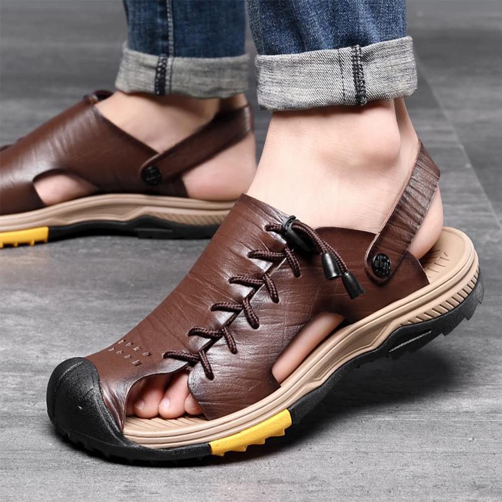 Recyphi Men's Closed Toe Sandals with Arch Support - Waterproof Leather Beach Shoes for Summer - Perfect for Walking, Travel & Outdoor Activities