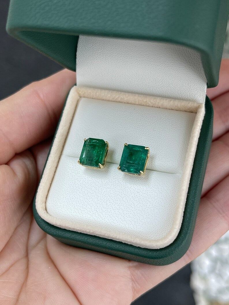 6.63tcw 18K Gold Natural Rare Large Emerald Four Prong Stud Earrings for Women - Luxury Fine Jewelry Gift for Birthday, Anniversary & Special Occasions