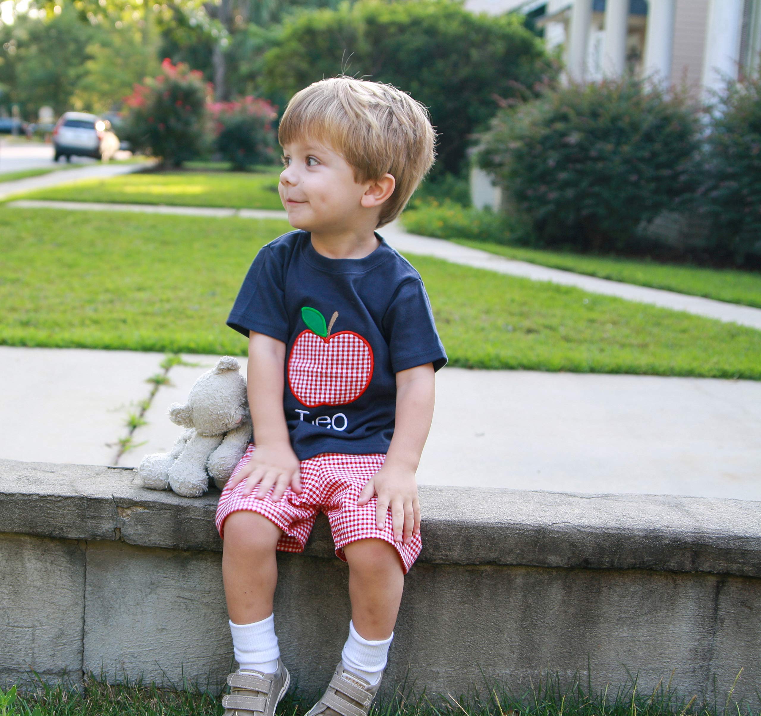 Personalized Apple Applique Boys' Back to School Outfit - 24M Shirt & Shorts Set | Cute First Day of School & Photo Shoot Outfit for Toddlers