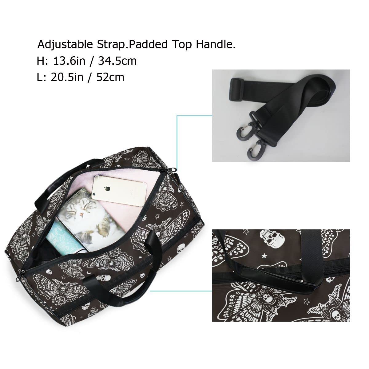 **Gothic Moth Skull Moon Print Gym Bag - Adjustable Strap Duffle Bag for Men & Women - Perfect for Travel, Sports & Overnight Trips - Stylish Occult & Esoteric Design**