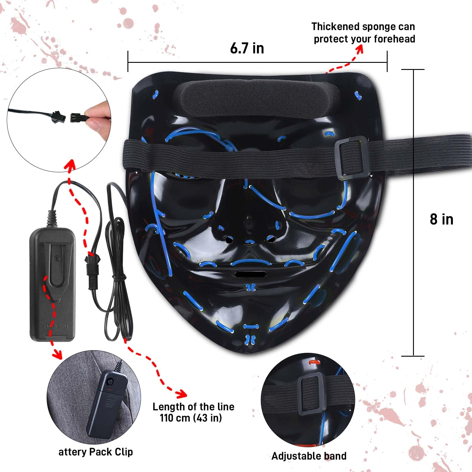 Glow-in-the-Dark LED Halloween Mask for Adults - Light Up Purge Costume Mask, Cool Party Accessory & Unique Gift for Men - Perfect for Halloween Parties, Cosplay Events & Nighttime Festivals