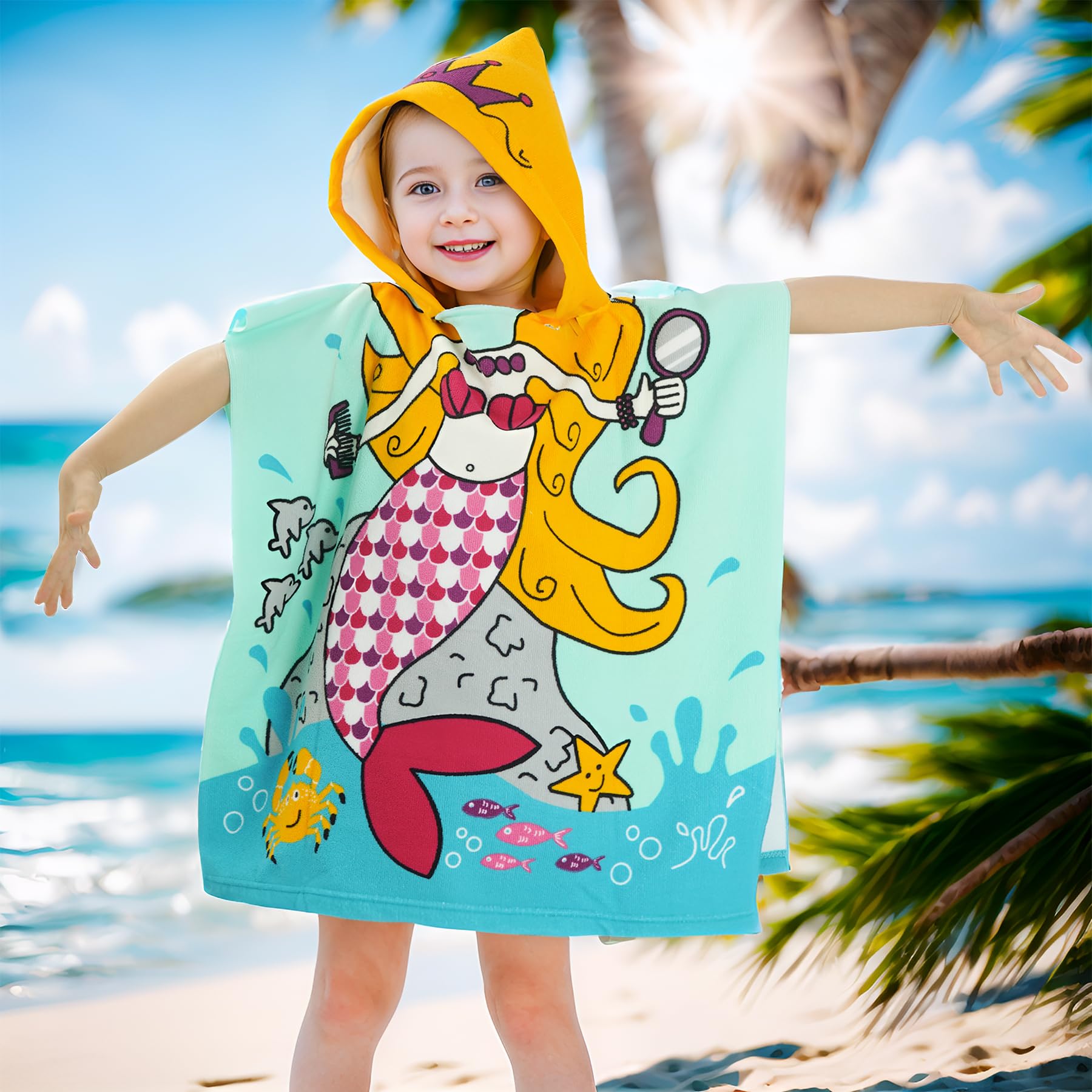 Yolyoo Kids Hooded Beach Towel - Soft Microfiber Swim Cover Up Cape for Boys & Girls (47x24 Inch) - Shark, Astronaut, Mermaid Themes - Perfect for Pool, Beach & Summer Activities