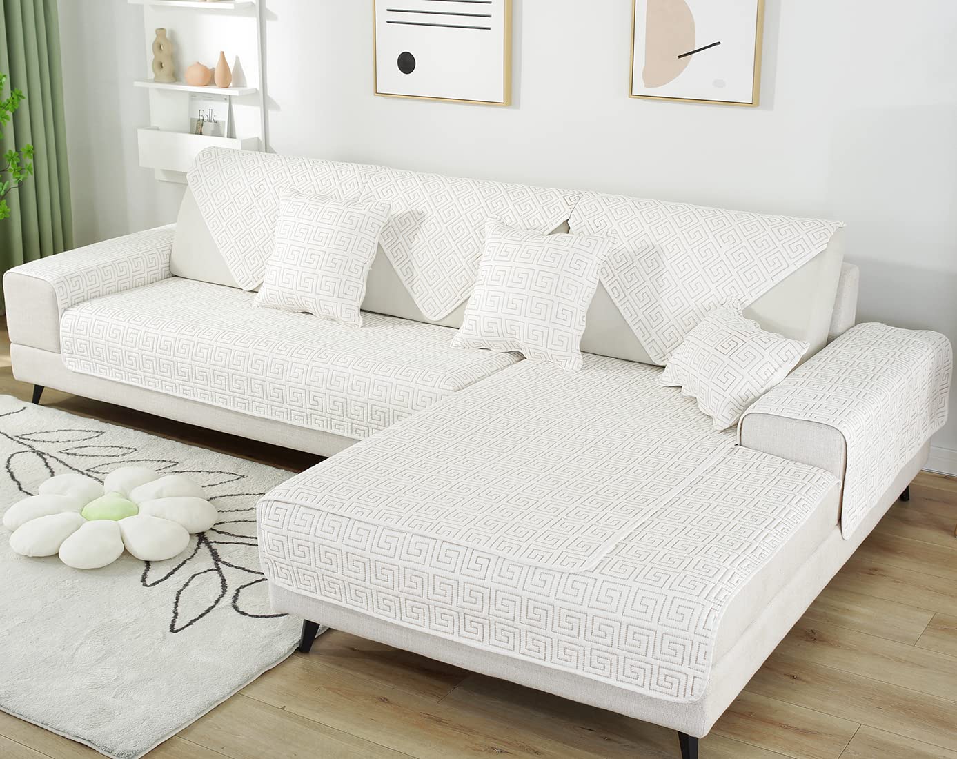 Geometric Embroidery Cotton Sofa Cover - Non Slip Quilted Sectional Couch Protector - Farmhouse Solid Color Slipcover for Dogs, Kids & Pets (36