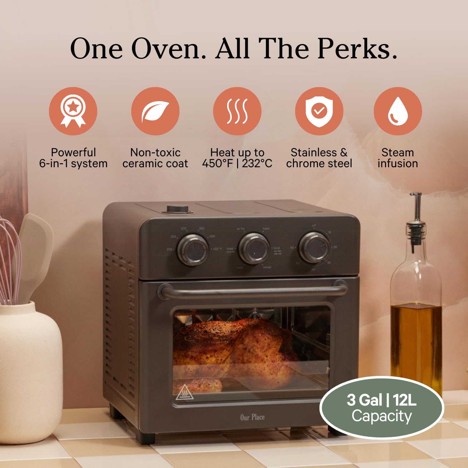 Our Place Wonder Oven - 6-in-1 Air Fryer Toaster Oven with Steam Infusion Technology | Compact Countertop Convection Oven for Fast Preheating | Multifunctional Kitchen Appliance for Air Frying, Baking, Roasting, Toasting, Reheating & Broiling | Perfect for Small Kitchens, Apartments & Quick Meals | Charcoal Color