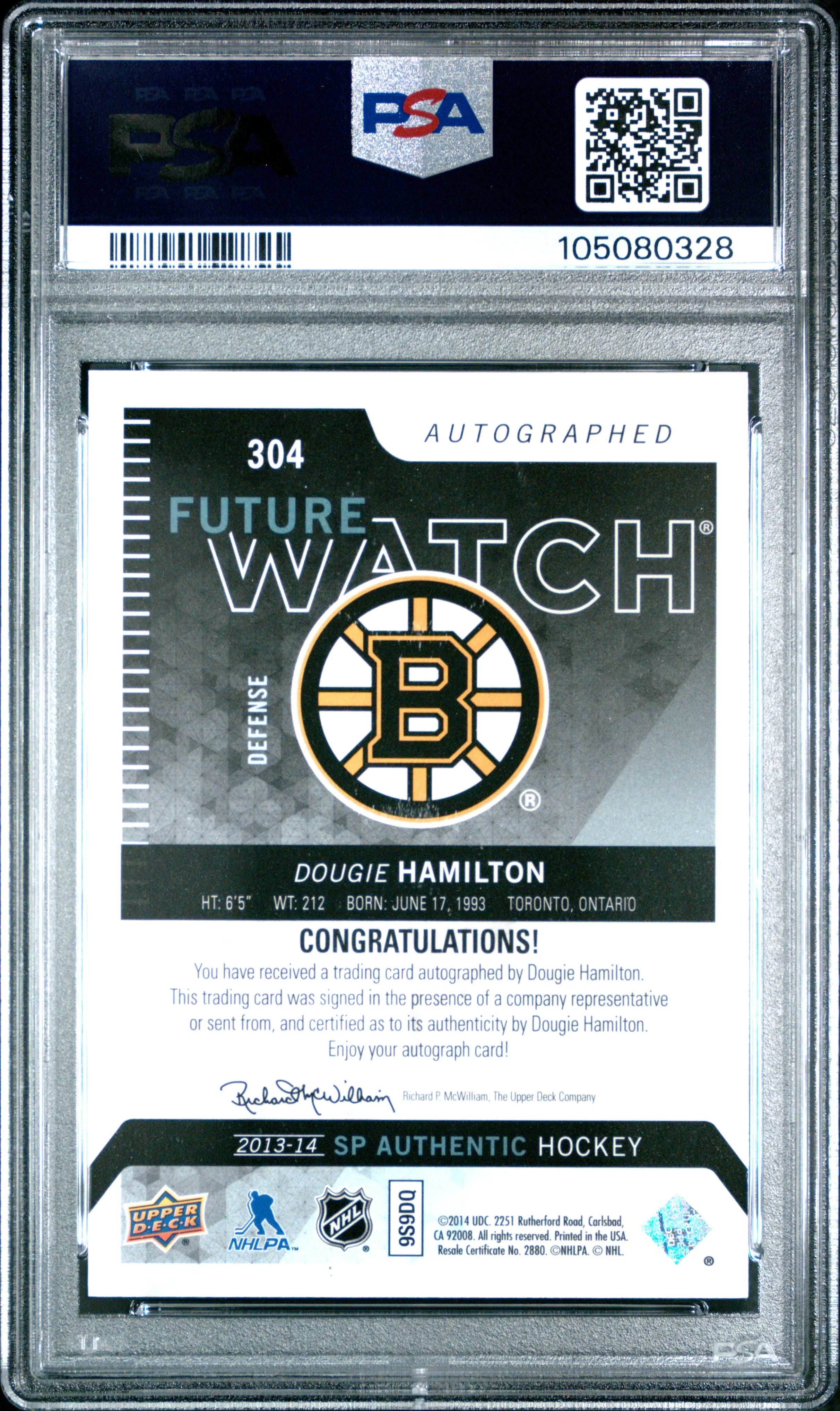 2013 Upper Deck SP Authentic Dougie Hamilton Future Watch Rookie Card Autograph PSA 10 #/999 - Hockey Collectible for Fans & Investors