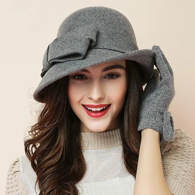 Women's Wool Felt Winter Hat with Asymmetric Bowknot - Elegant Formal Headwear for Cold Weather - Perfect for Office, Parties, and Holiday Outfits