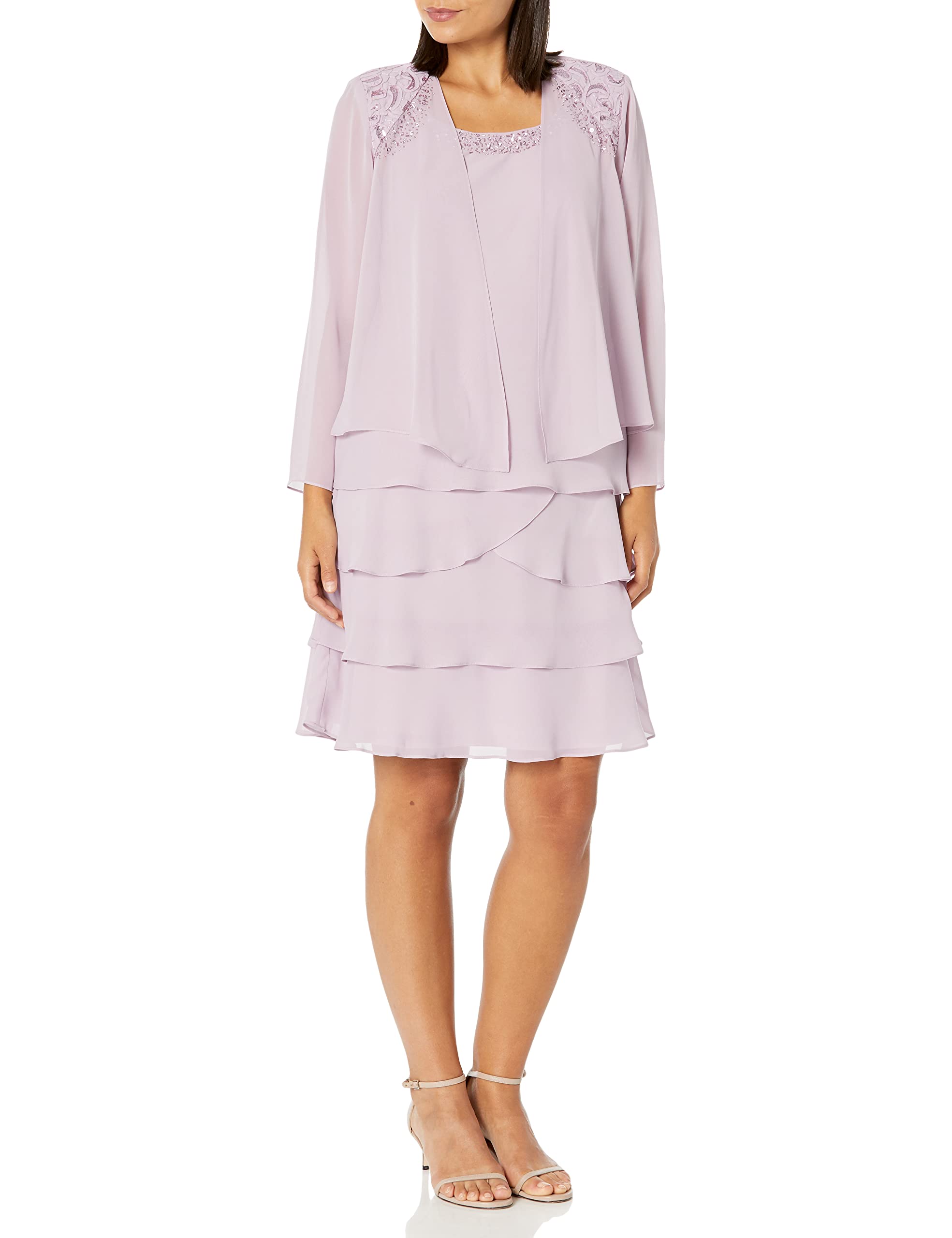 Elegant Women's Mother of The Bride Tiered Jacket Dress with Shoulder Embellishment - Petite & Regular Sizes | Formal Wedding Guest Outfit for Special Occasions