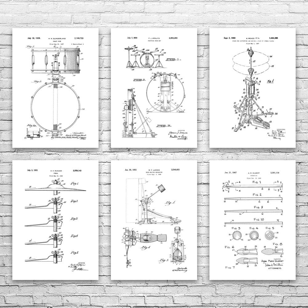 Drum Patent Posters Set of 6 - Vintage Black & White Drum Blueprint Art Prints (16x20 Inch) - Perfect Gift for Drummers, Musicians & Recording Studios - Ideal for Home Decor, Music Room & Band Gifts