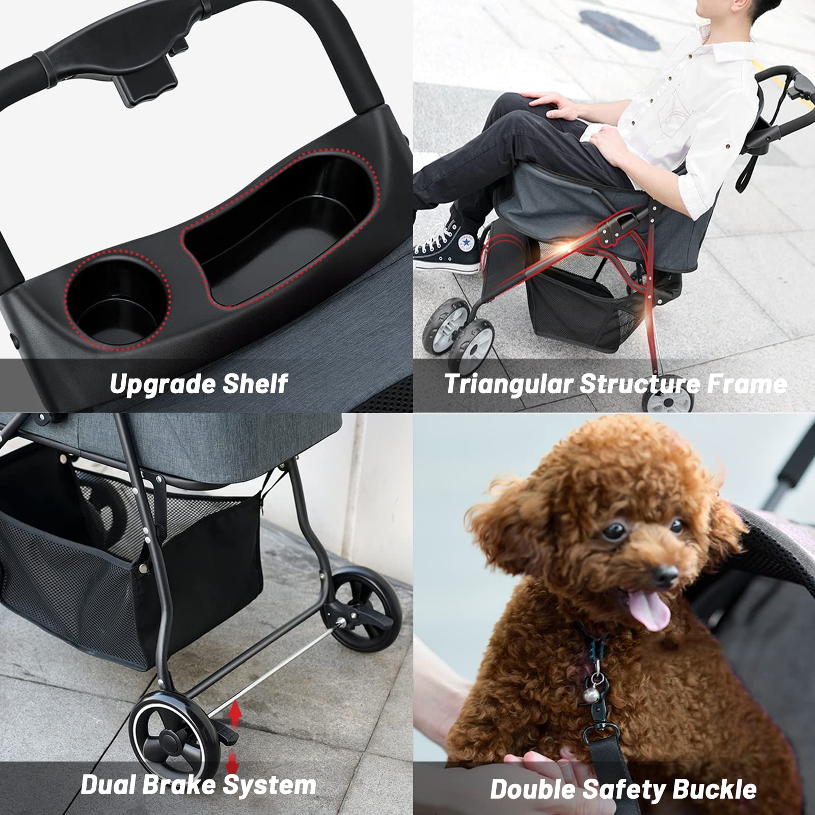 3-in-1 Foldable Dog Stroller for Small & Medium Dogs & Cats - Detachable Travel Carrier with 4 Wheels, Storage Basket & Mesh Windows - Perfect for Outdoor Walks, Vet Visits & Travel Adventures