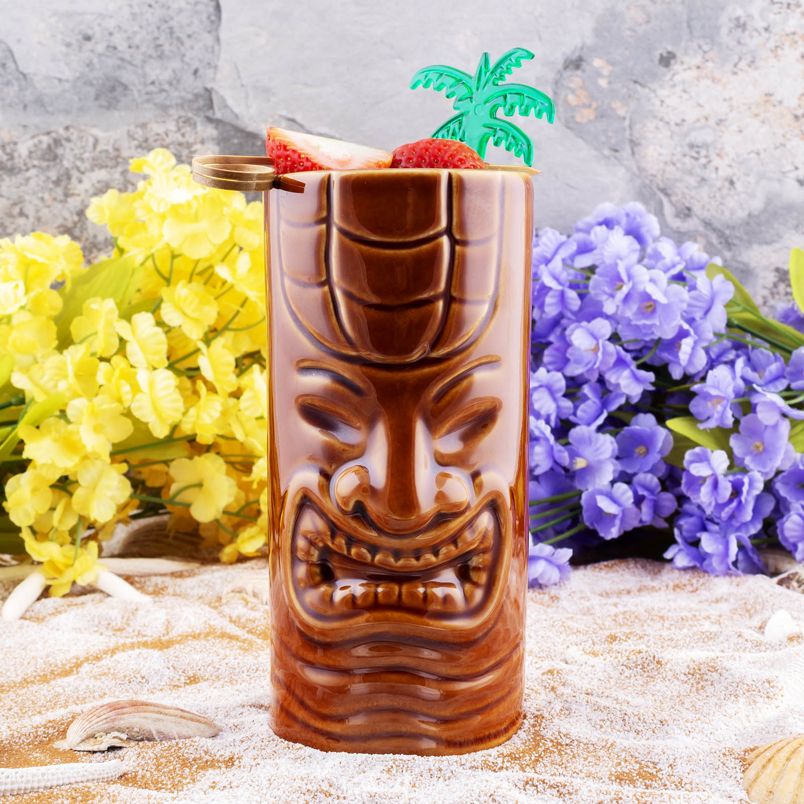 BarConic® Tiki Mug – Grin 12 oz Ceramic Cup | Tropical Themed Drinkware for Cocktails, Smoothies & Iced Coffee | Perfect for Luau Parties, Beach Bars & Home Decor
