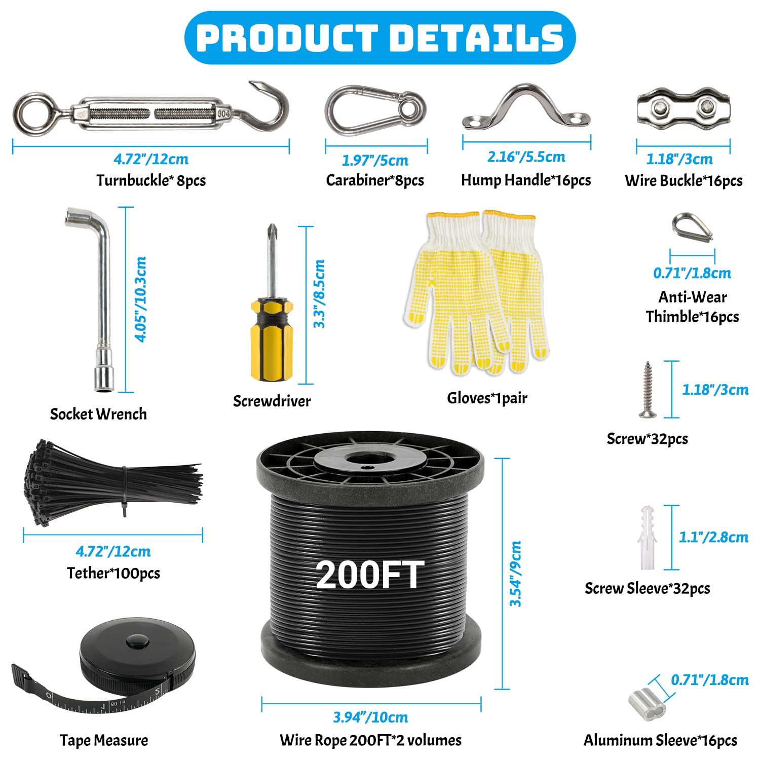 400Ft Nylon Coated Stainless Steel 304 String Light Hanging Wire Rope Kit with Accessories - Outdoor Patio Lights, Camping Lights, Garden & Backyard Decoration