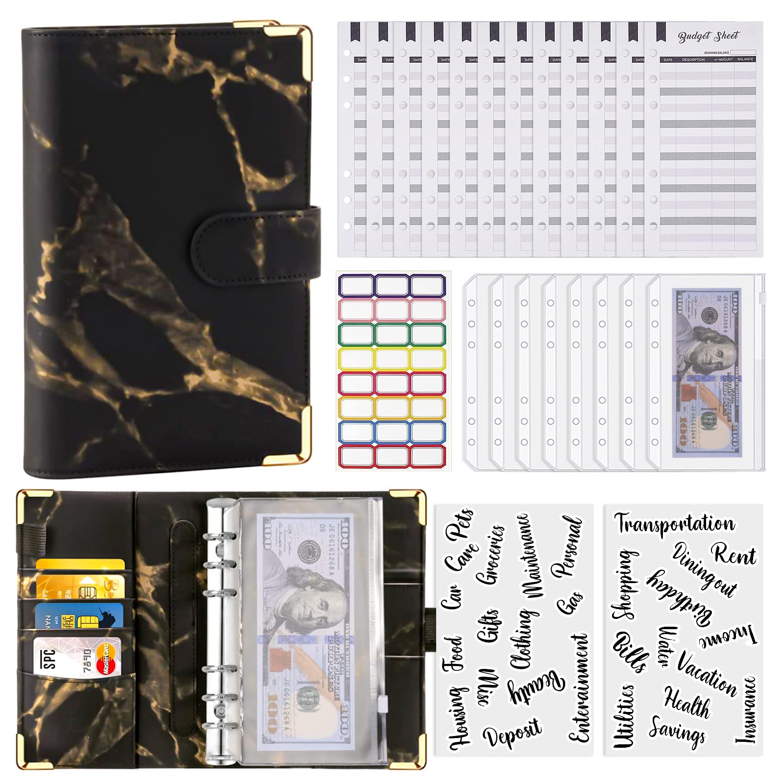 PU Leather Budget Binder with Zipper Envelopes - Money Organizer for Cash, Bills & Coupons | Cash Envelope System for Budgeting & Saving Money | Durable Marble Black Finance Planner (Perfect for Home Budgeting, Travel Expense Tracking & Financial Organization)