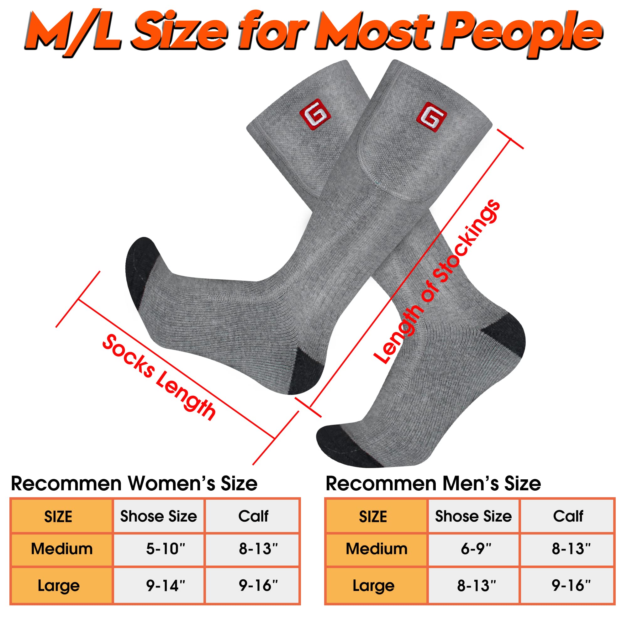 Rechargeable Electric Heated Socks for Men & Women - 3 Temperature Settings, Warm Cotton Thermal Winter Socks with 3.7V 2200mAh Battery (Grey, Large) - Perfect for Cold Weather Activities Like Camping, Hiking, Skiing & Motorcycle Riding