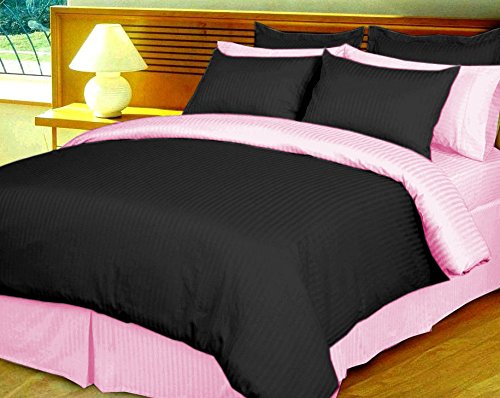8-Piece Reversible Striped Bedding Set - Queen Size Duvet Cover, Sheet Set & Bed Skirt | 100% Egyptian Cotton 500 Thread Count | Zipper Closure | Solid Black & Pink Colors | Perfect for Guest Rooms, Master Bedrooms & Cozy Home Decor