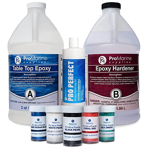 Premium Clear Table Top Epoxy Resin Kit - 1 Gallon High Gloss Coating with 5-Color Mica Powder Set & Polishing Compound | DIY Resin Casting Starter Kit for Wood Tables, Jewelry Making, Art Projects & Encapsulations | Perfect for Home Decor, Crafting & DIY Gifts