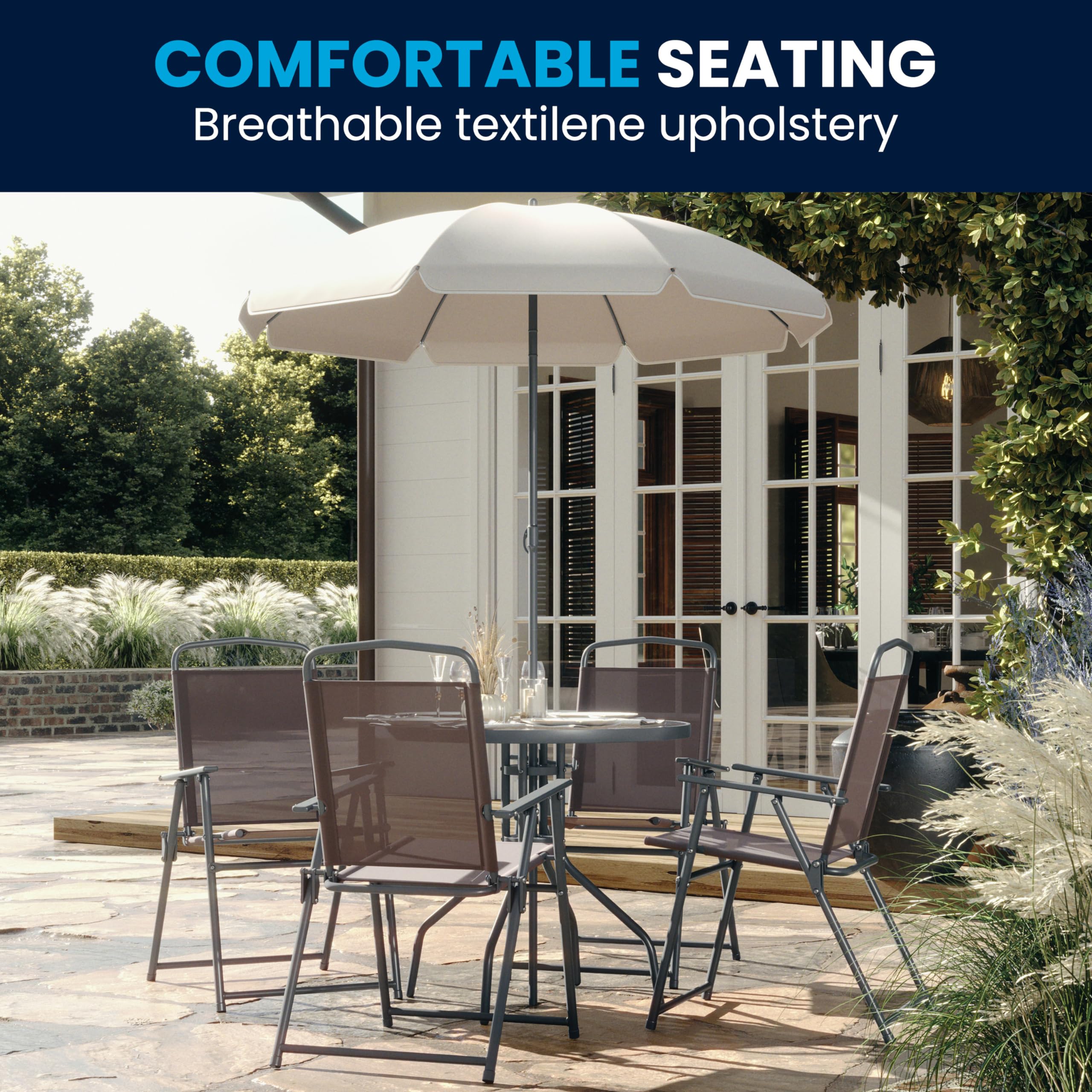 Flash Furniture Nantucket 6-Piece Outdoor Patio Dining Set with Glass Table, 4 Folding Chairs & Umbrella - Brown Rattan Wicker Furniture for Backyard, Garden, Poolside & Deck Dining