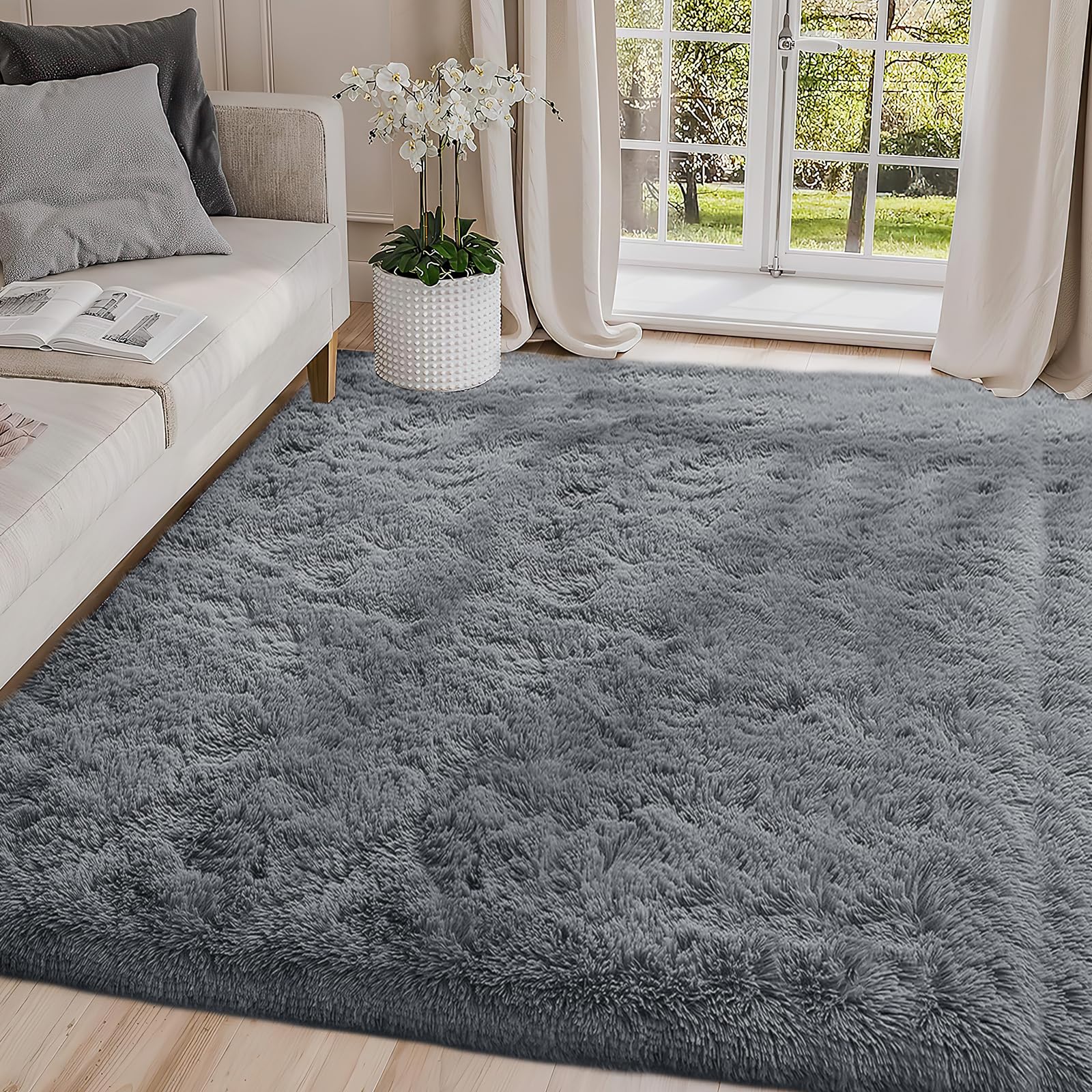 8x10 Fluffy Area Rugs - Soft Plush Shaggy Non-Slip Carpet for Living Room, Bedroom, Playroom, Nursery & Dorm - Cozy Grey Home Decor for Comfort & Style