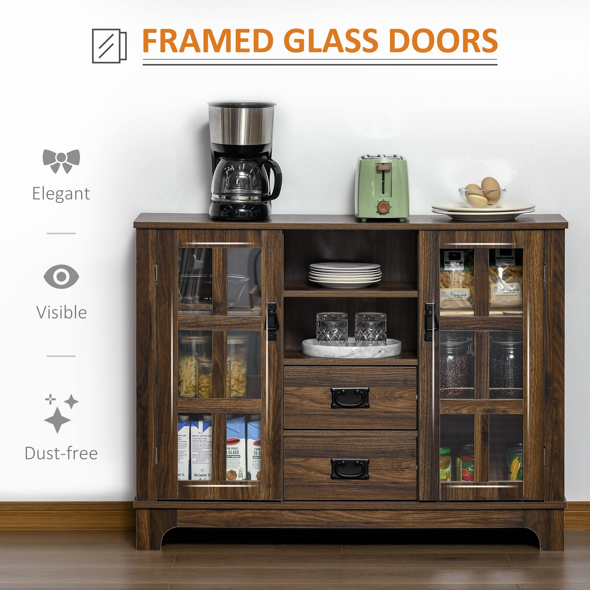 HOMCOM Dark Walnut Sideboard Buffet Cabinet with Glass Door - Coffee Bar Cabinet with Storage Drawers & Adjustable Shelves for Kitchen, Living Room - Perfect for Dining Room Storage & Entertaining Guests
